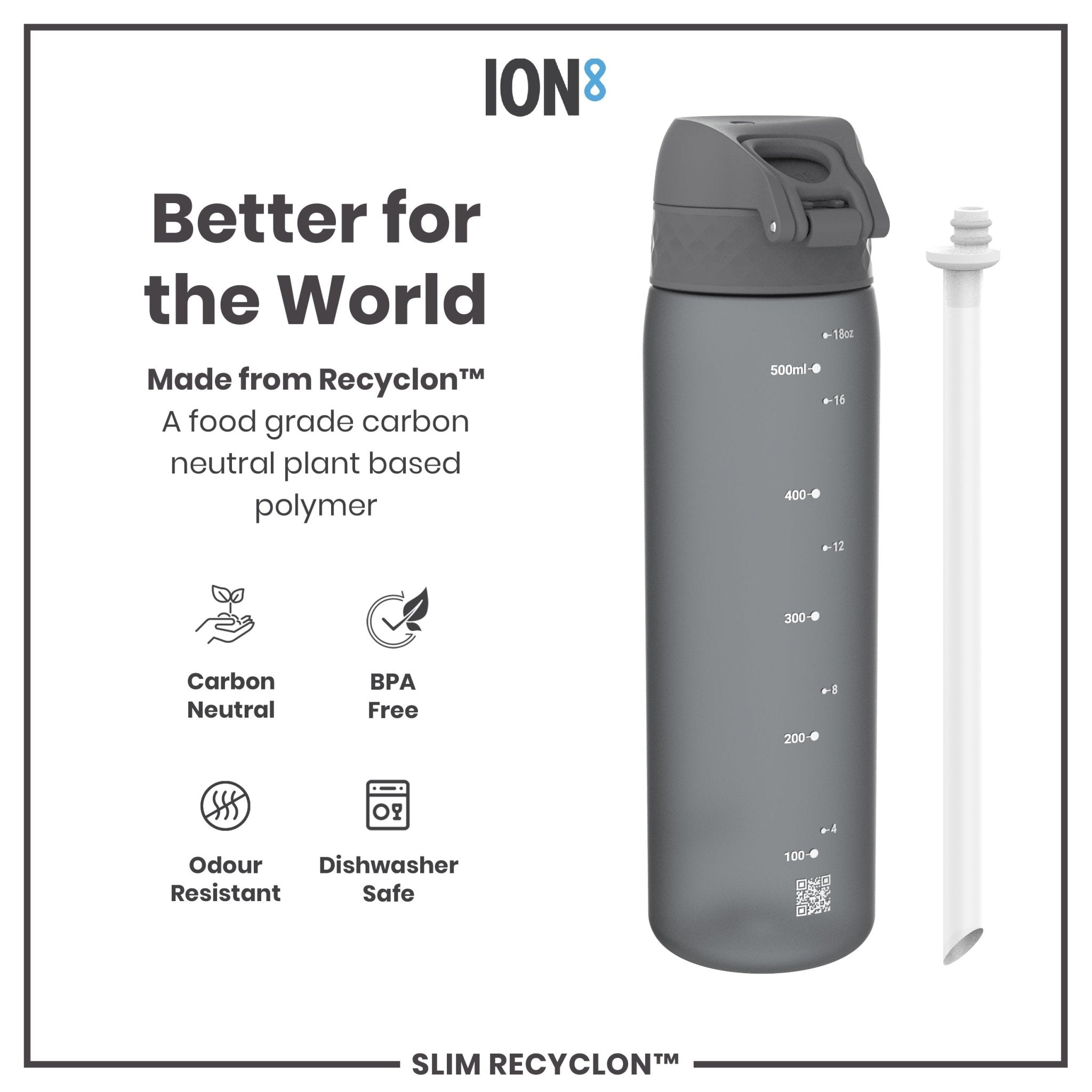 Ion8 Recyclon leak-proof medium water bottle with straw, 500ml grey plastic hydration bottle, reusable and eco-friendly.