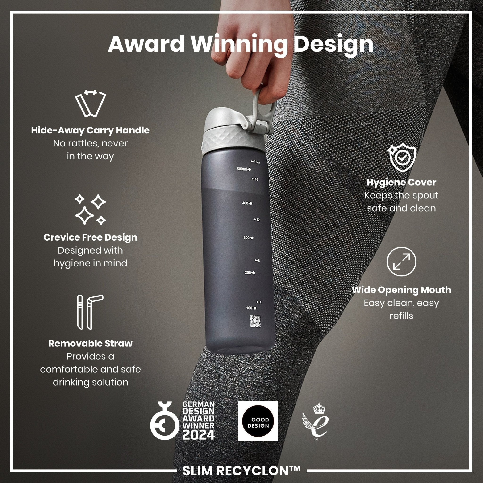 Grey ION8 Recyclon Leak Proof Medium Water Bottle with Straw, 500ml (18oz), made of recyclable plastic, featuring a secure lid and straw.