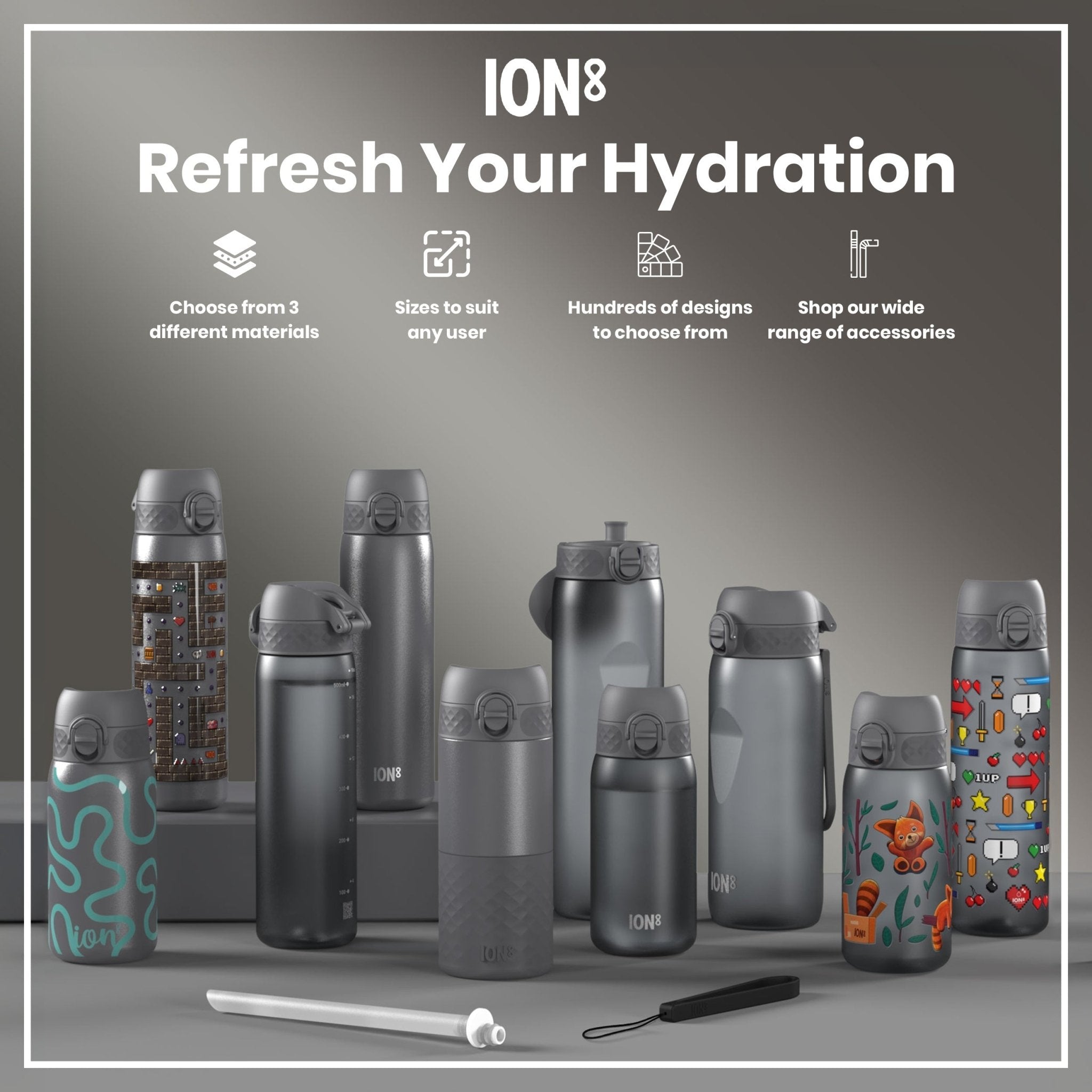 Gray ION8 Recyclon leak-proof water bottle with straw, 500ml (18oz), made from recyclable materials, with a secure lid and straw.
