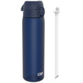 Ion8 leak-proof medium water bottle with straw in navy, 500ml (18oz), made from Recyclon material, shown with a secure lid and straw.