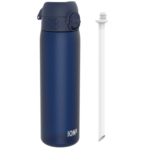 Ion8 leak-proof medium water bottle with straw in navy, 500ml (18oz), made from Recyclon material, shown with a secure lid and straw.