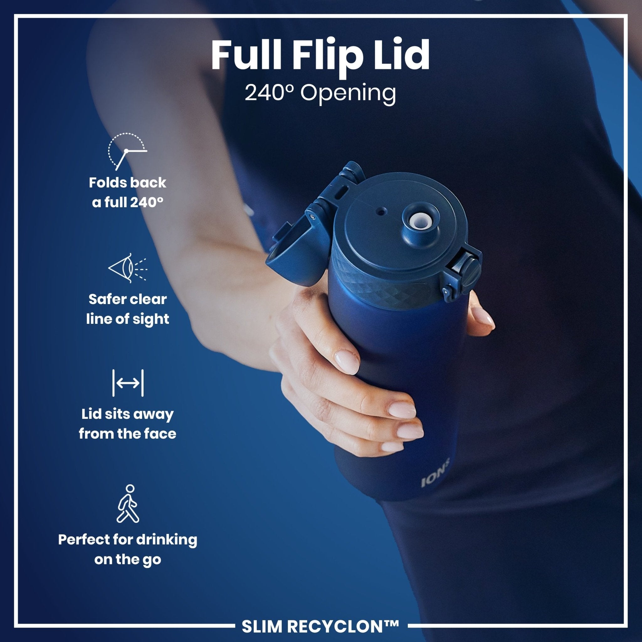 ION8 Recyclon leak-proof water bottle with straw, navy blue, 500ml (18oz), featuring a durable design and secure cap.