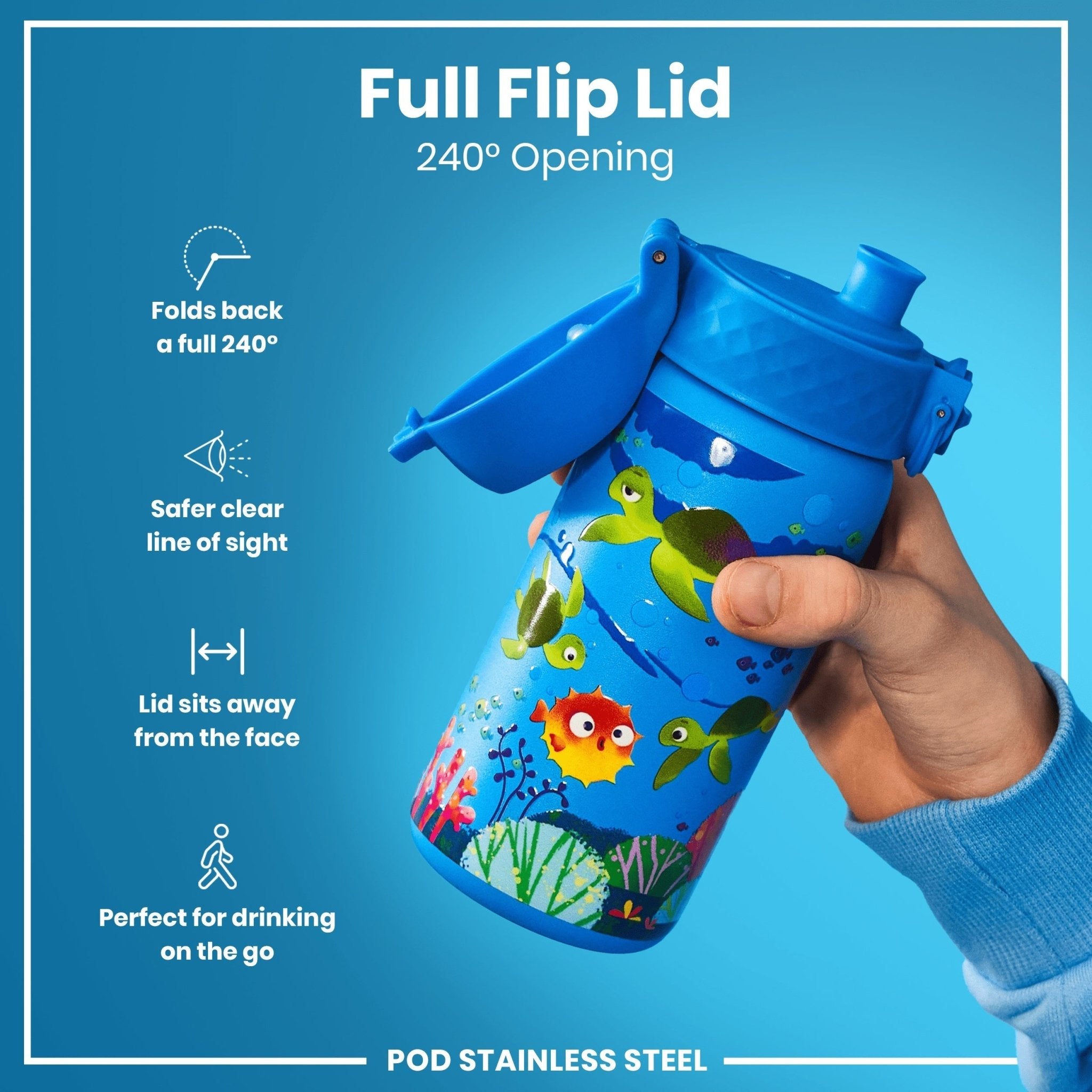 ION8 stainless steel leak-proof kids water bottle with sea turtle design, 400ml capacity, ideal for children.