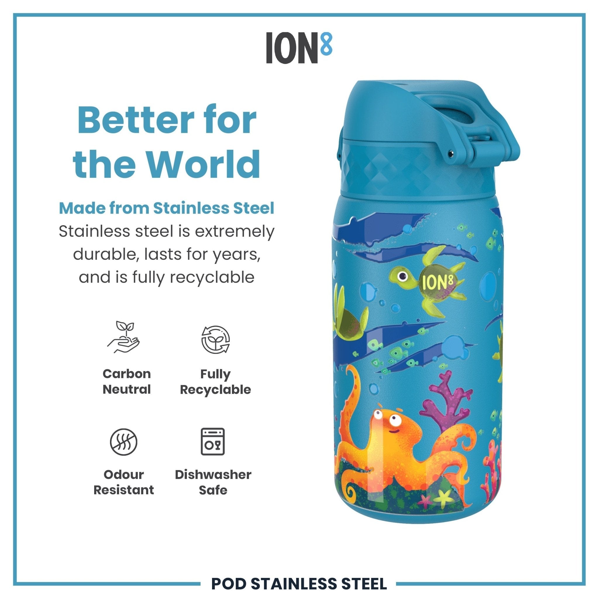 Leak-proof ION8 stainless steel kids water bottle with sea turtle design, 400ml capacity, durable and spill-resistant.