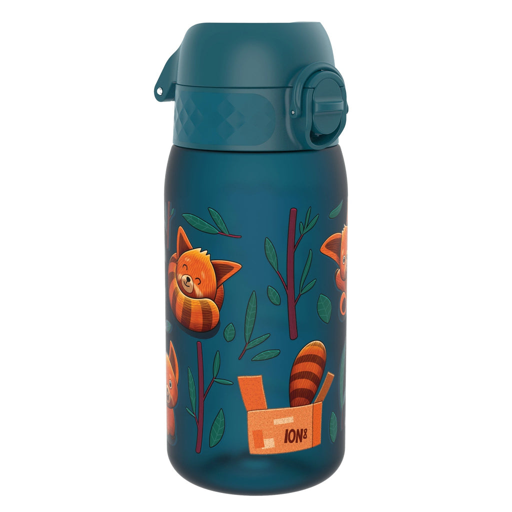 Red pandas Recyclon leak-proof kids water bottle by ION8, 350ml (12oz), with colorful panda design and secure lid.