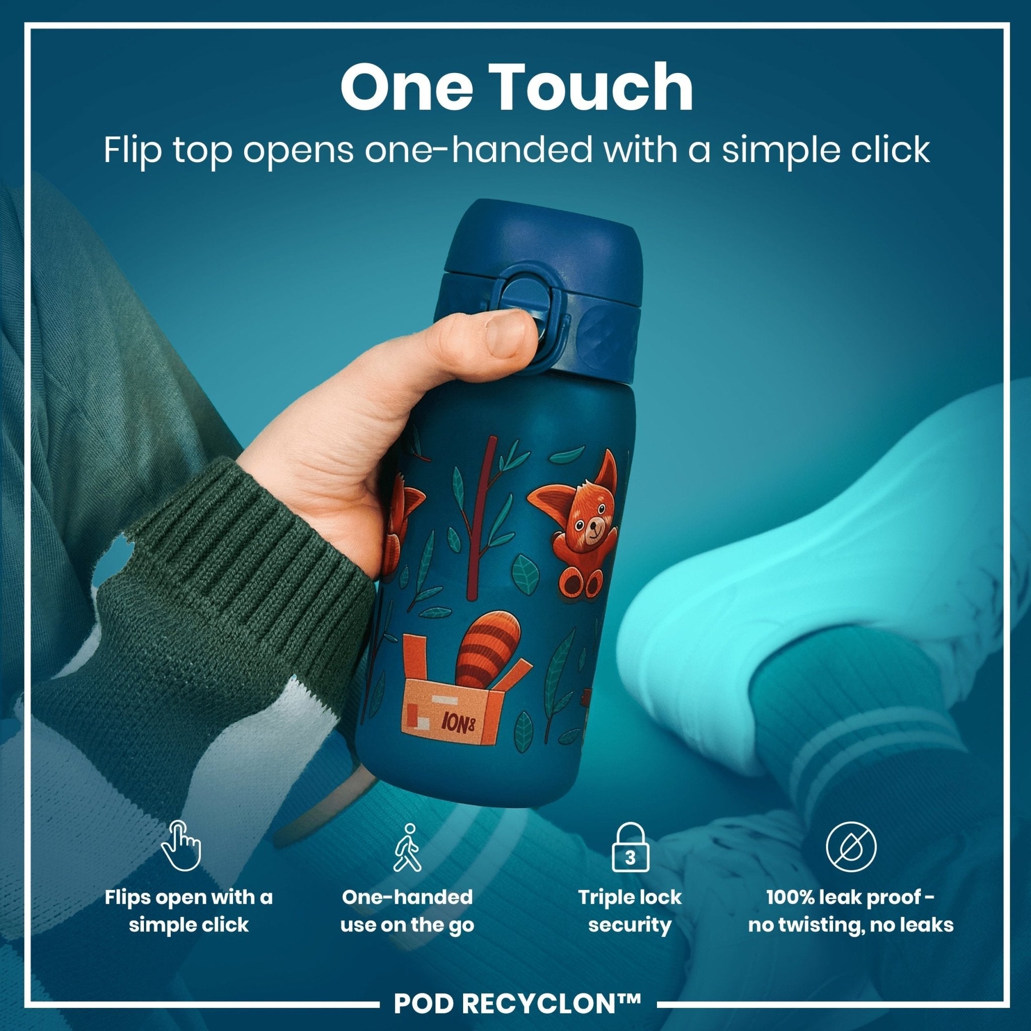 Red Pandas leak-proof kids water bottle by ION8, 350ml Recyclon water bottle with red panda design, suitable for children.