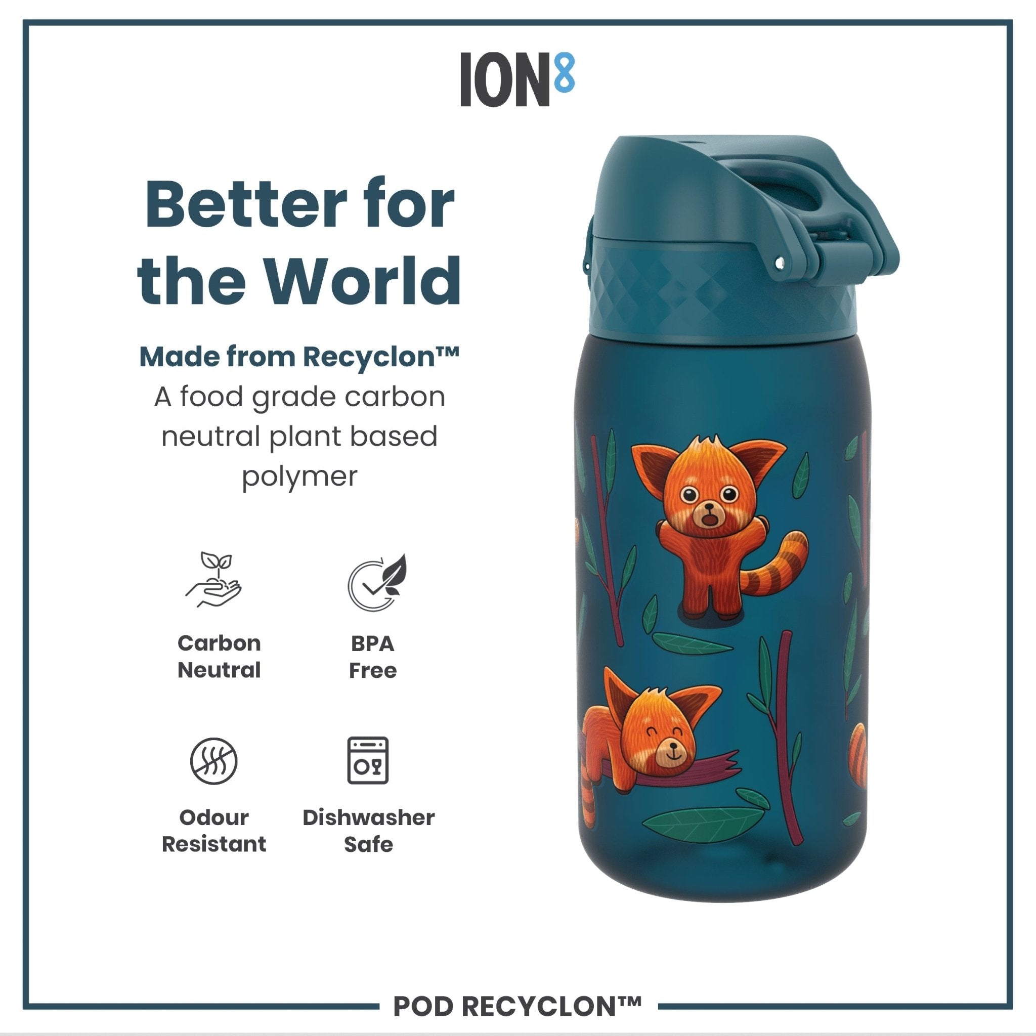 ION8 Recyclon leak-proof kids water bottle featuring red pandas, 350ml capacity, made from recyclable materials.