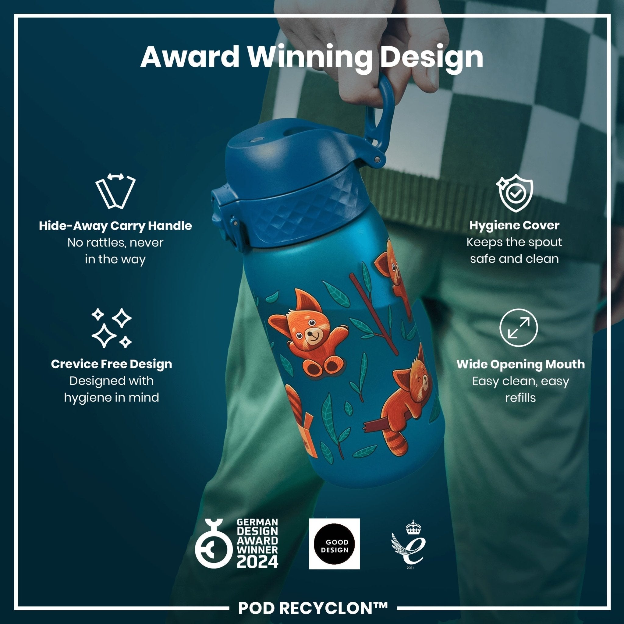 Red pandas leak-proof kids water bottle by ION8, 350ml Recyclon water bottle with secure lid and colorful panda design.