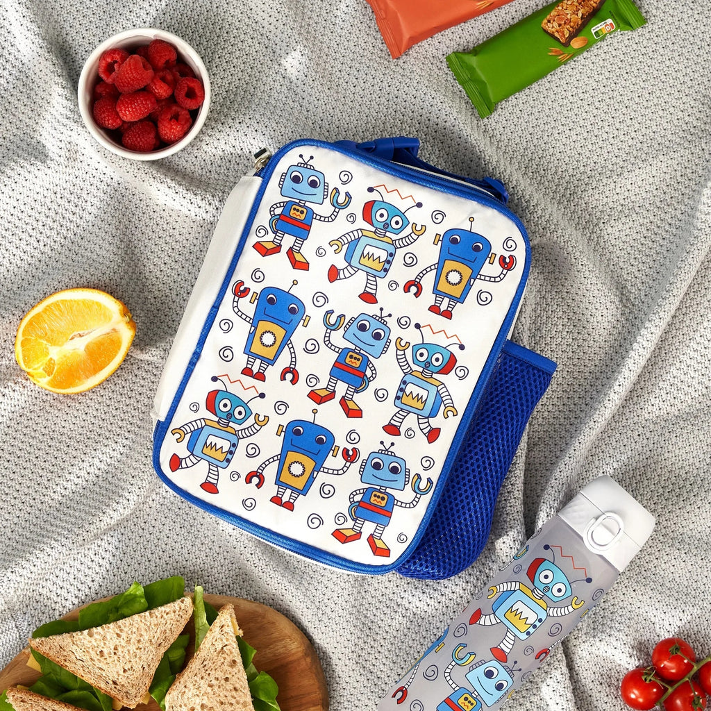 Insulated kids lunch bag with robot design, medium size, ION8 brand, featuring colorful robot illustrations on the front.