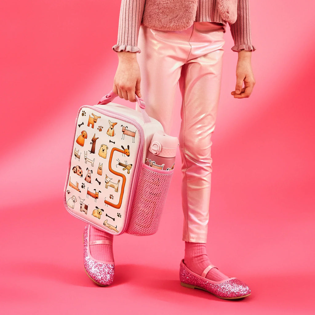 Medium insulated kids lunch bag by ION8 featuring colorful dog illustrations, designed to keep food fresh and secure.