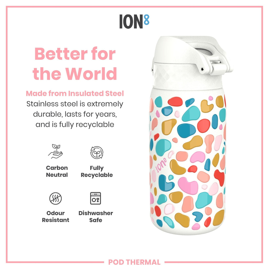 ION8 Leak Proof Thermal Steel Water Bottle, insulated 320ml, splodge design, durable stainless steel, keeps drinks hot or cold