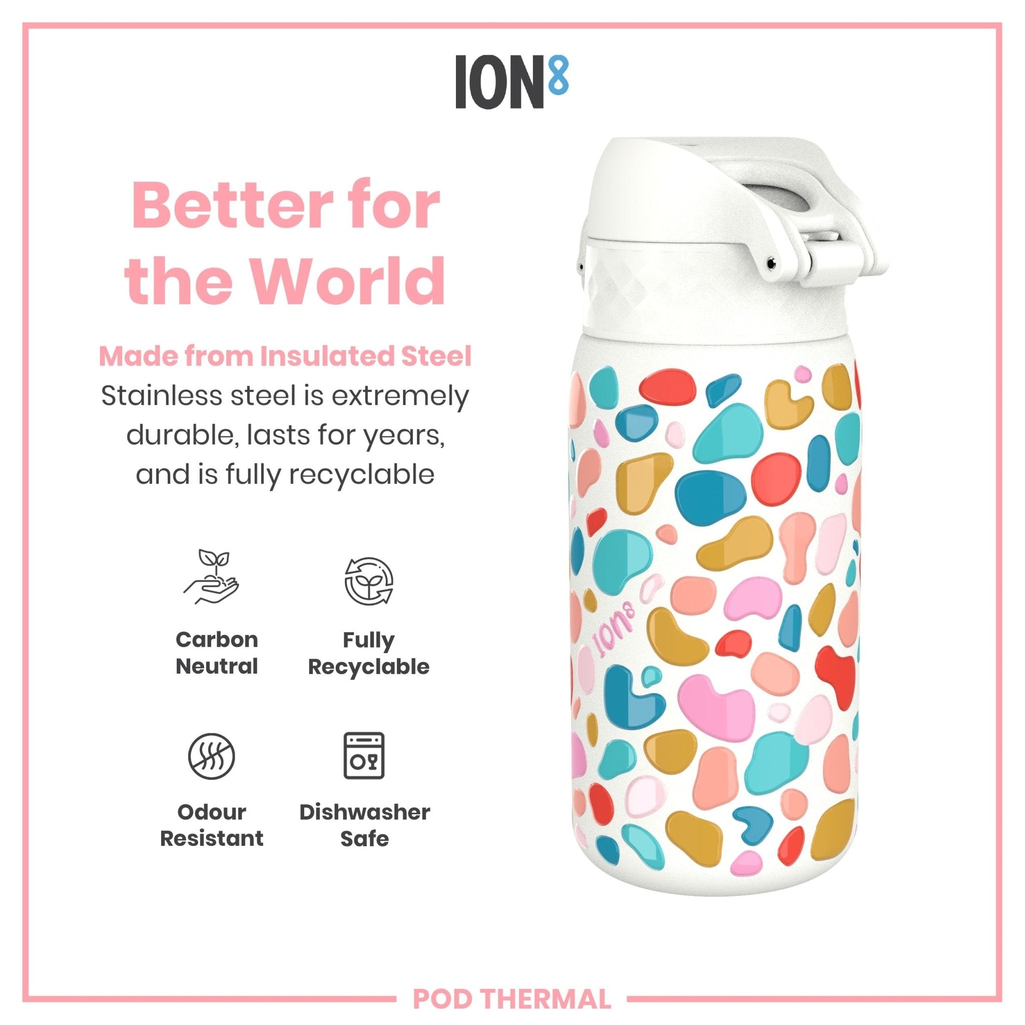 ION8 Leak Proof Thermal Steel Water Bottle, insulated 320ml, splodge design, durable stainless steel, keeps drinks hot or cold