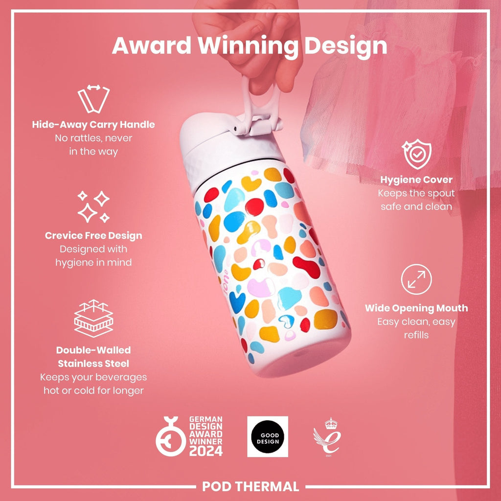 ION8 leak-proof thermal steel water bottle, insulated 320ml (11oz) with splodge design, perfect for hot and cold beverages.
