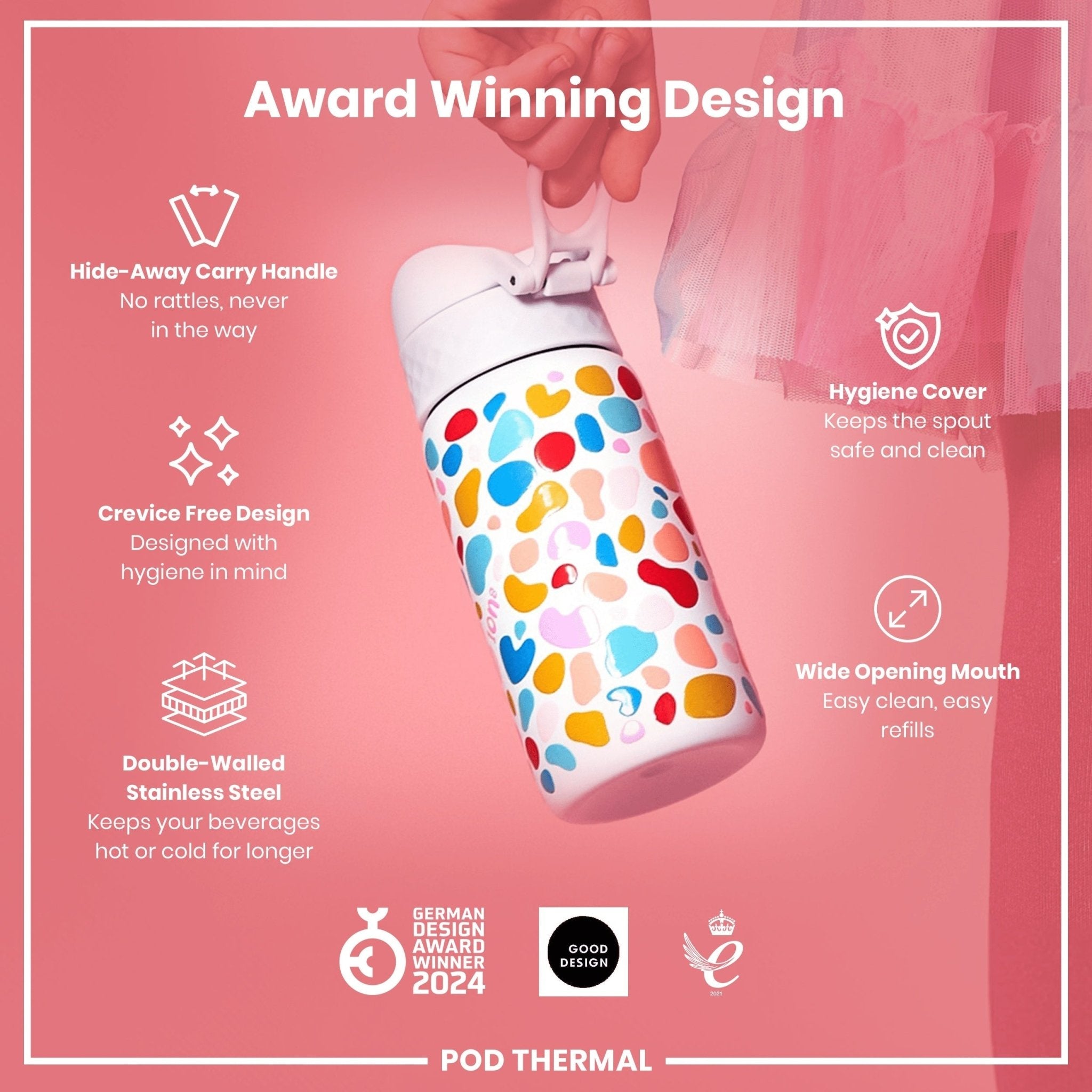 ION8 leak-proof thermal steel water bottle, insulated 320ml (11oz) with splodge design, perfect for hot and cold beverages.