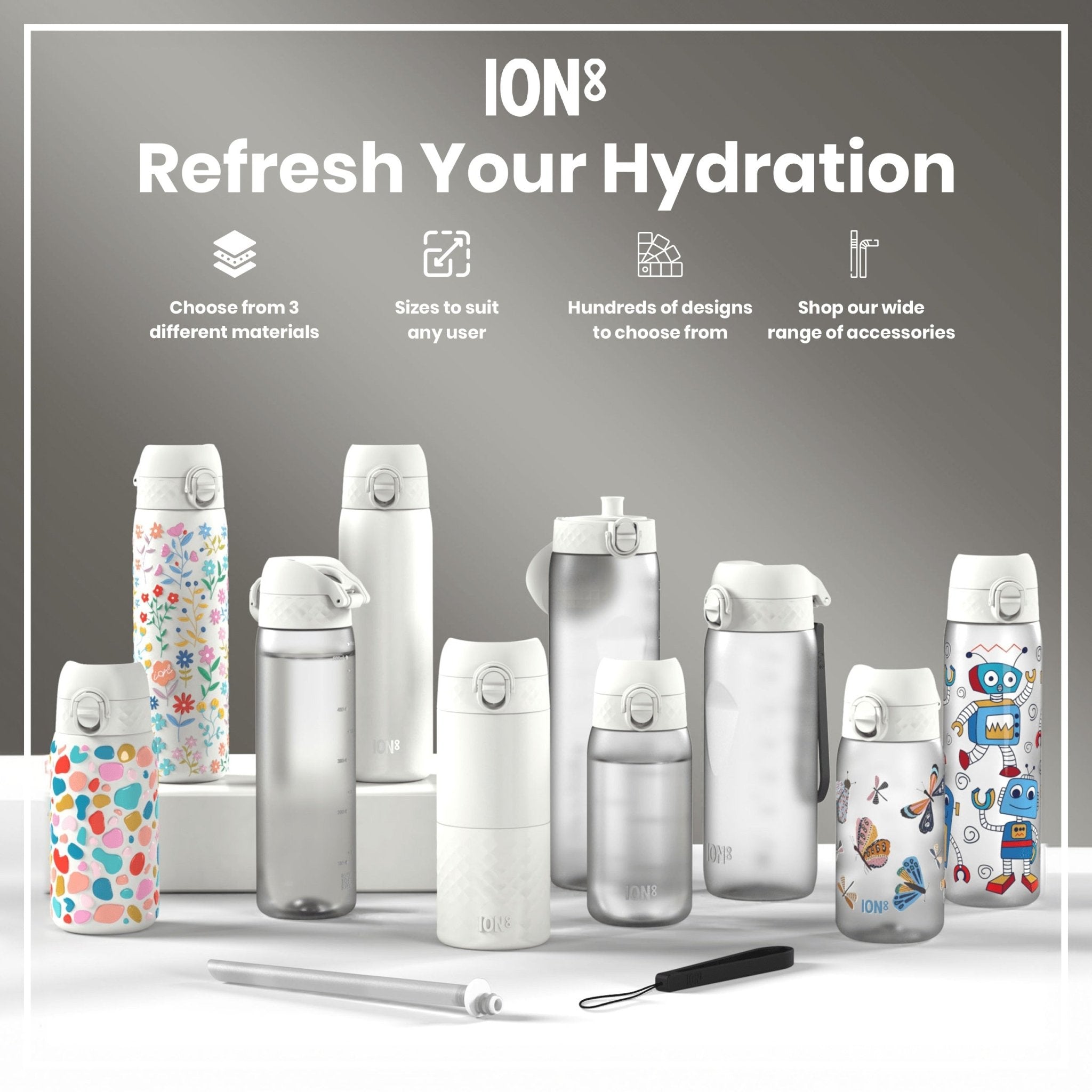 ION8 leak-proof thermal steel insulated water bottle, 320ml, with a sleek design and spill-proof lid.