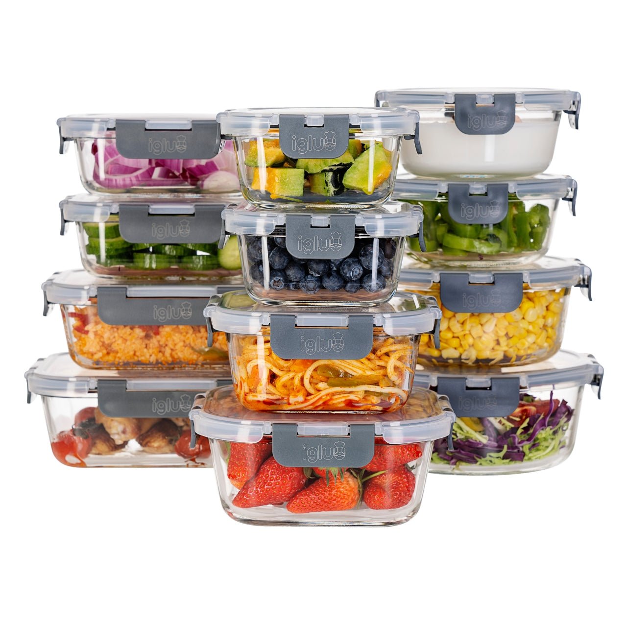 Set of 12 Igluu Meal Prep glass food storage containers with airtight lids in assorted sizes, ideal for meal prep and food storage.