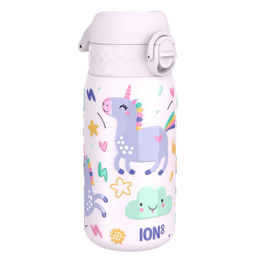 Ion8 stainless steel leak-proof kids water bottle featuring colorful unicorn design and 400ml capacity.