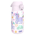 Ion8 stainless steel leak-proof kids water bottle featuring colorful unicorn design and 400ml capacity.