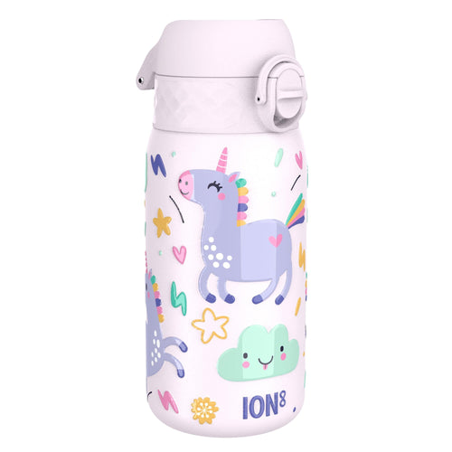 Ion8 stainless steel leak-proof kids water bottle featuring colorful unicorn design and 400ml capacity.