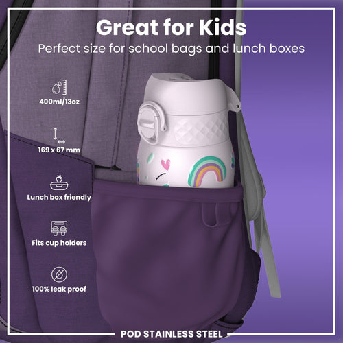 ION8 stainless steel kids water bottle with unicorn design, leak-proof 400ml (13oz) capacity, ideal for children.