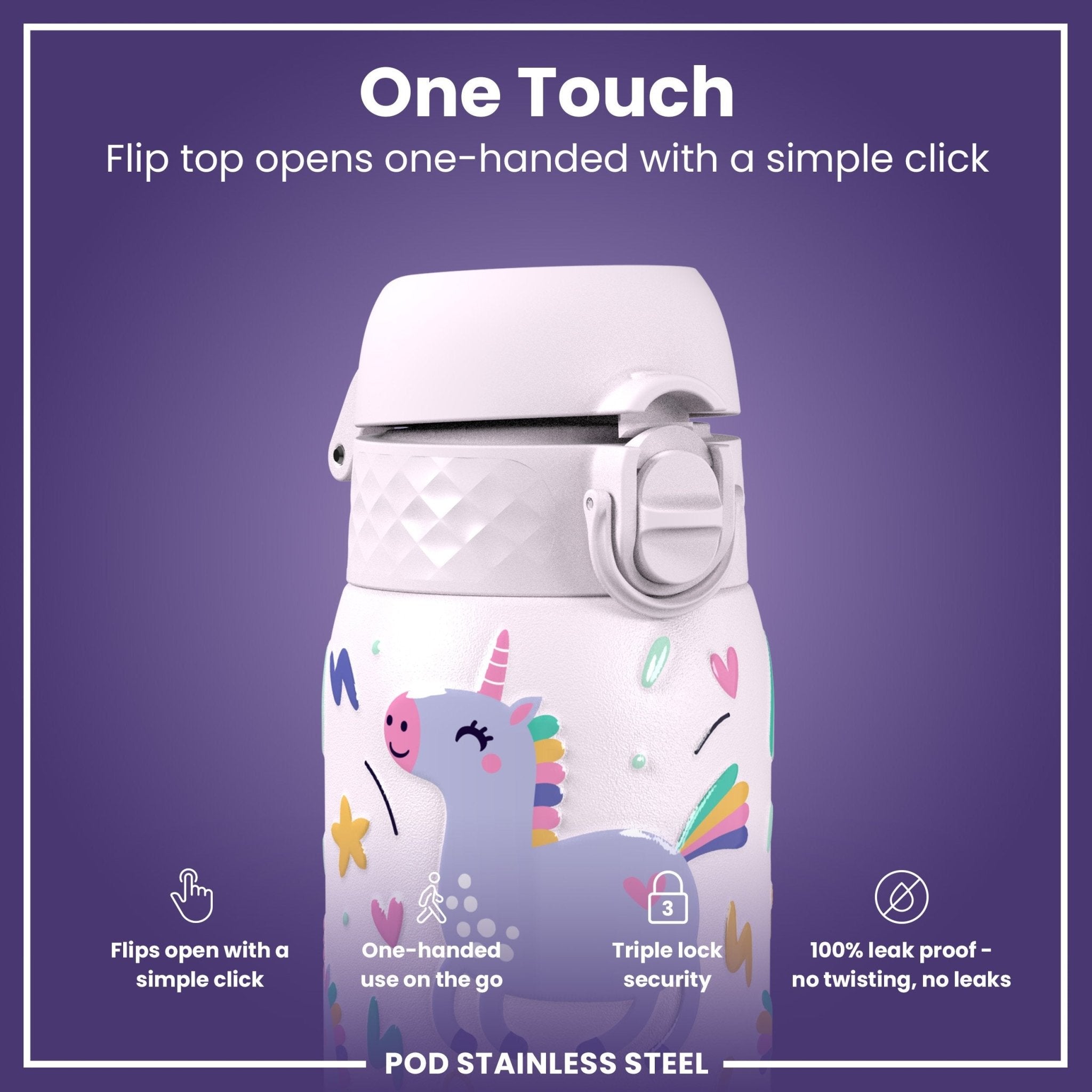 ION8 stainless steel leak-proof kids water bottle with unicorn design, 400ml capacity, featuring a secure lid and colorful unicorn artwork.