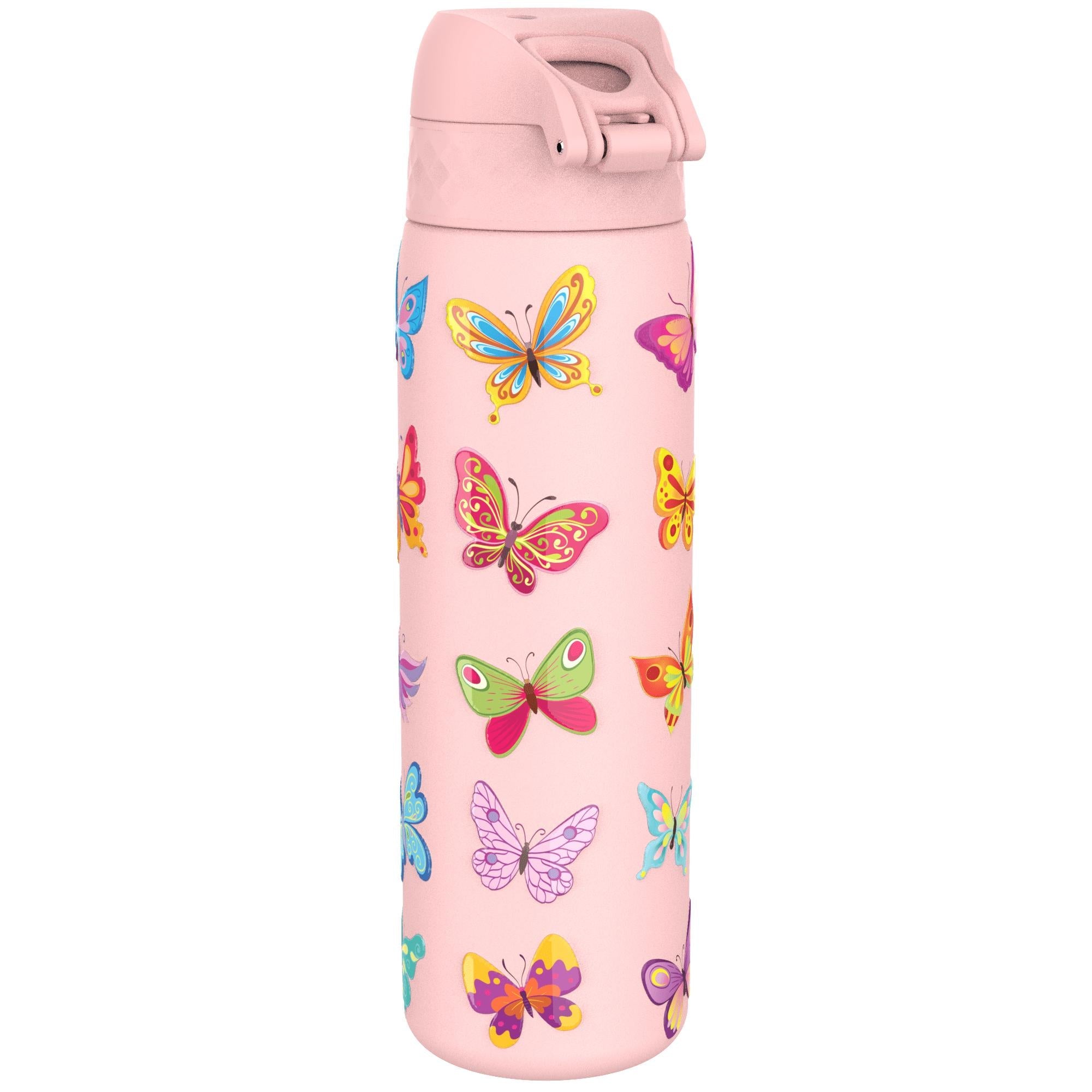 Ion8 leak-proof stainless steel water bottle with butterfly design, 600ml capacity, slim and durable for on-the-go hydration