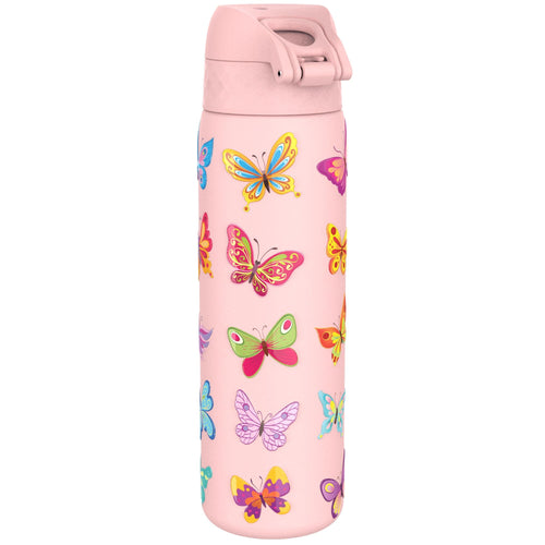 Ion8 leak-proof stainless steel water bottle with butterfly design, 600ml capacity, slim and durable for on-the-go hydration