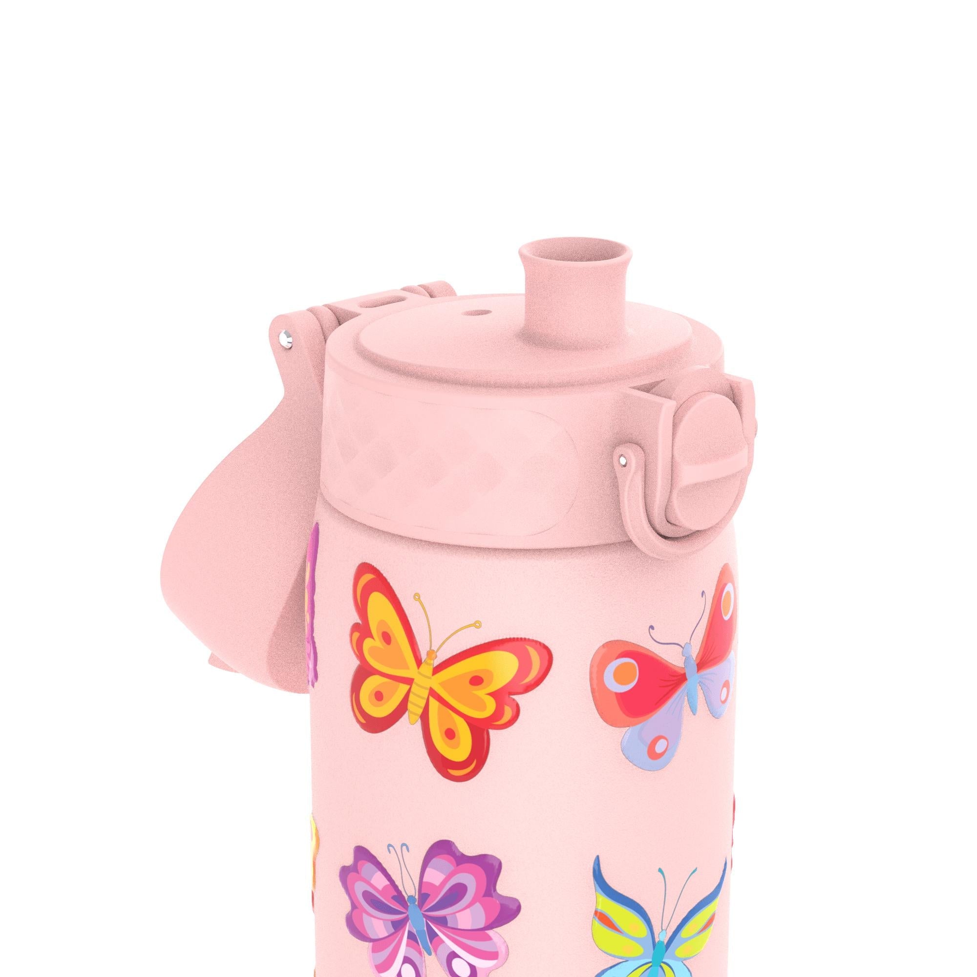 Ion8 stainless steel leak-proof slim water bottle with butterfly design, 600ml (20oz) capacity, ideal for on-the-go hydration.