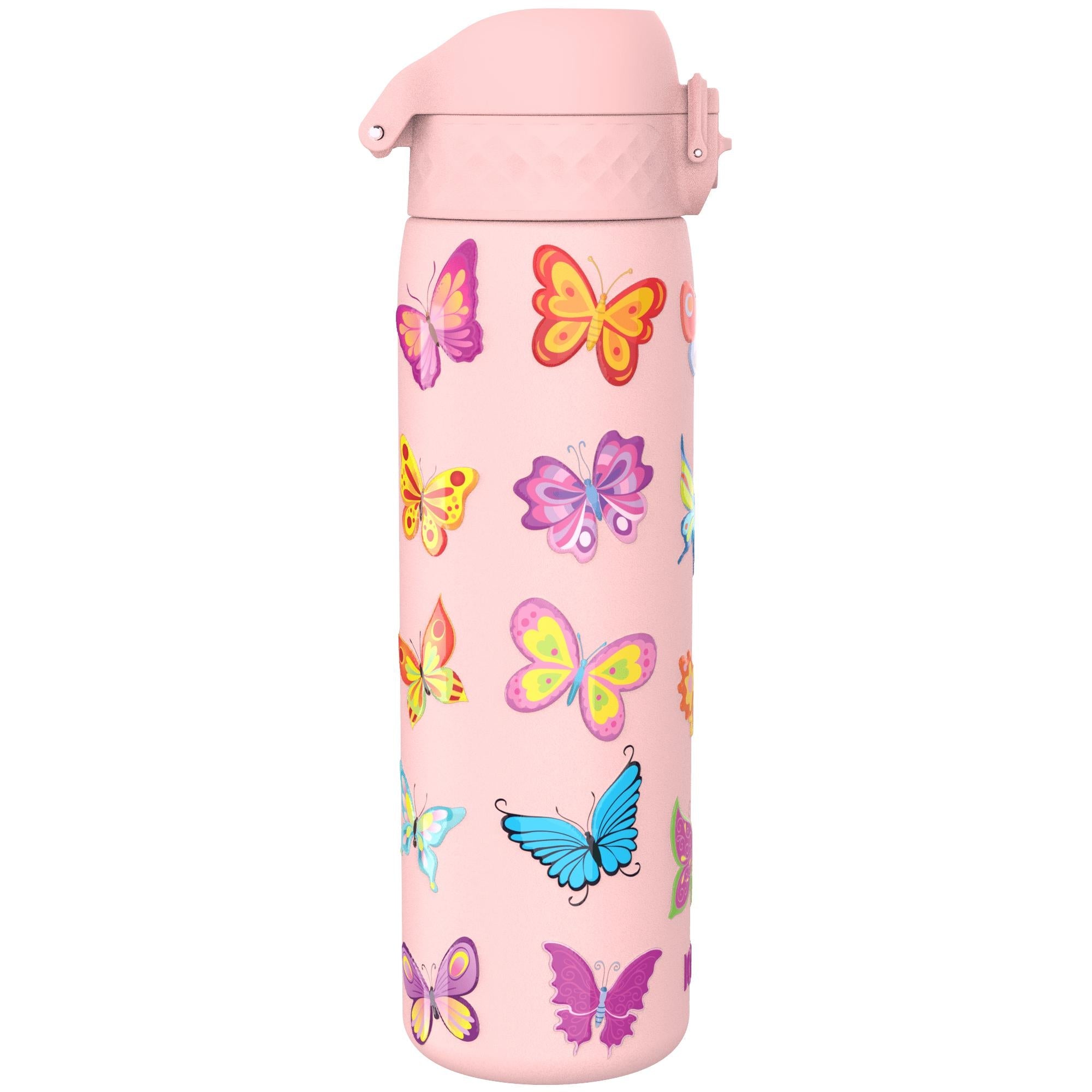 Ion8 leak-proof slim stainless steel water bottle with butterfly design, 600ml capacity, ideal for on-the-go hydration.