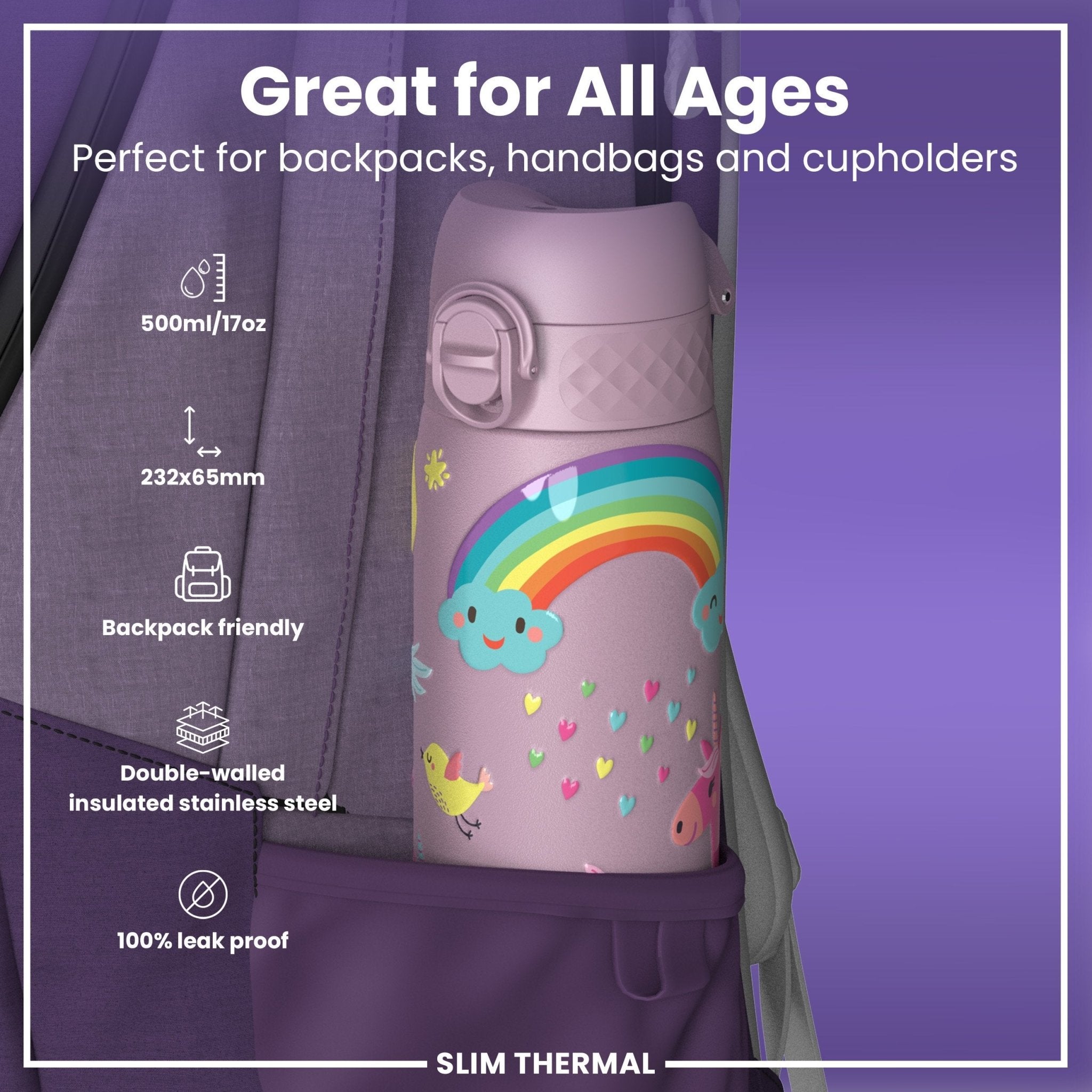 ION8 leak-proof slim thermal steel water bottle with unicorns design, 500ml insulated water bottle for hot and cold drinks.