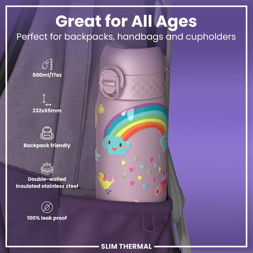 ION8 leak-proof slim thermal steel water bottle with unicorns design, 500ml insulated water bottle for hot and cold drinks.