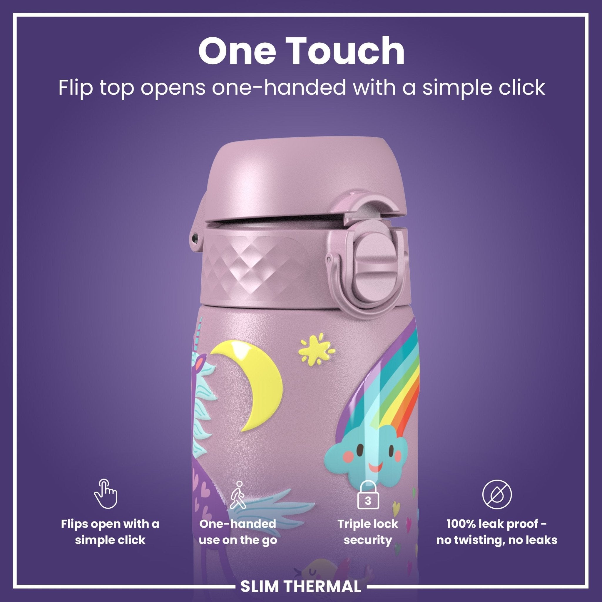 Ion8 leak-proof slim insulated steel water bottle with unicorn design, 500ml capacity, featuring a sleek, durable exterior.