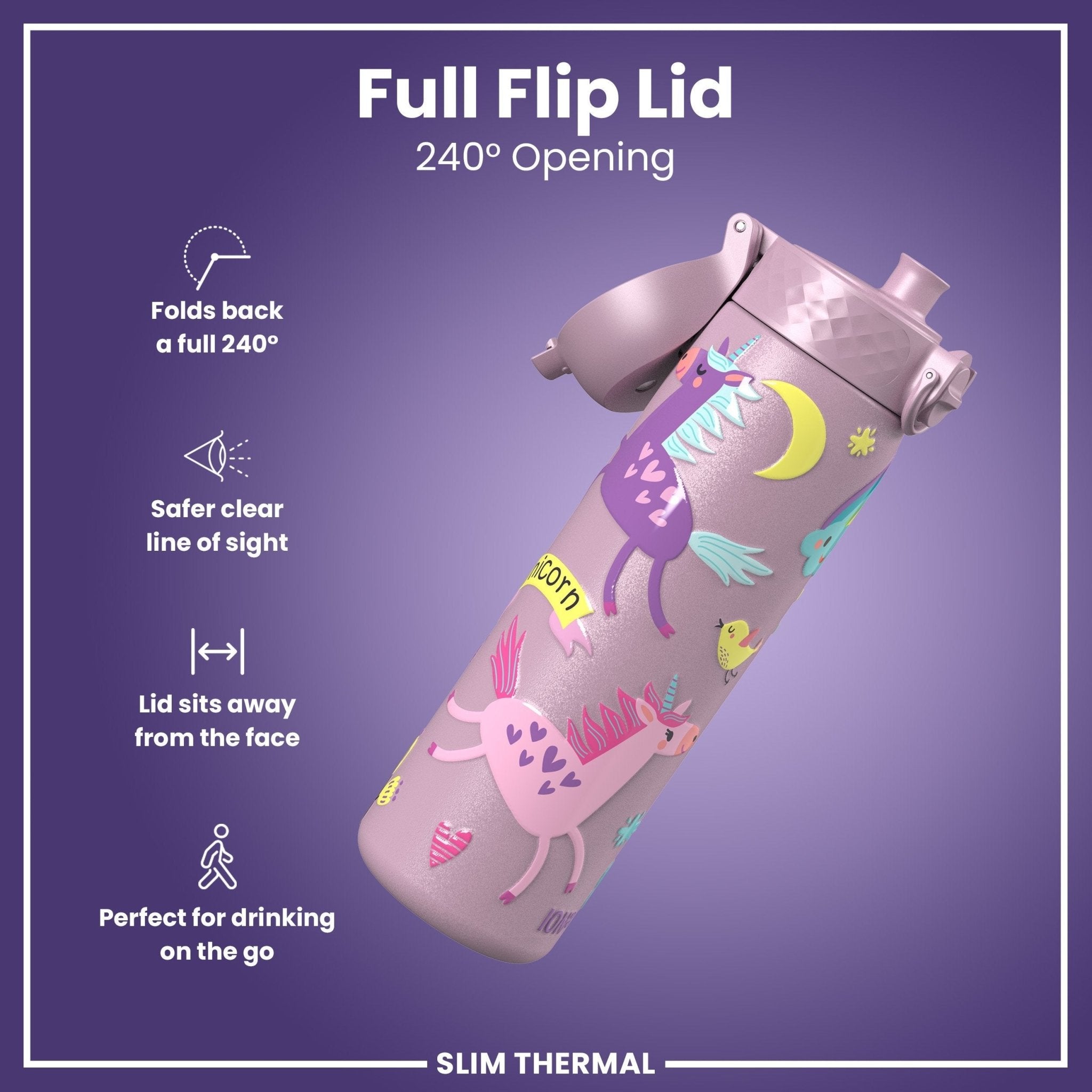 ION8 leak-proof slim thermal steel water bottle with unicorn design, insulated 500ml (17oz) water bottle for hot and cold beverages.