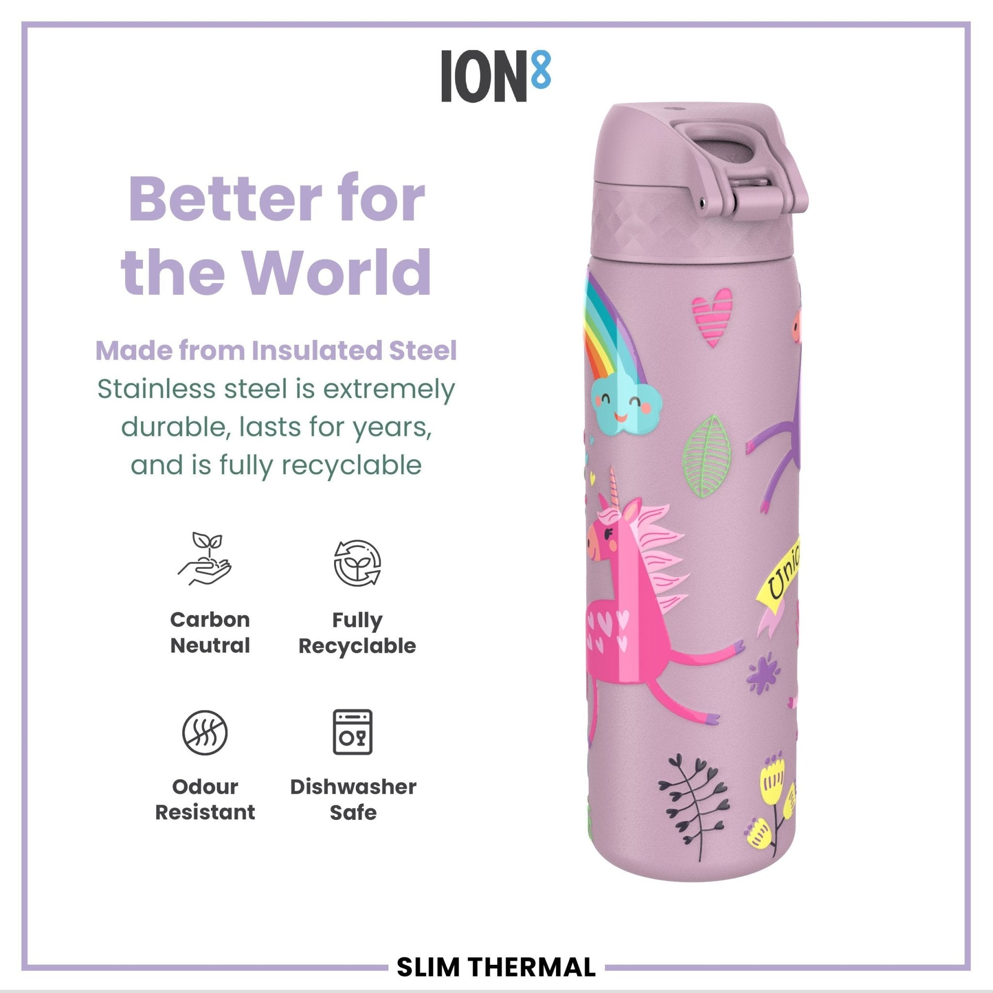 Ion8 leak-proof slim thermal steel water bottle with unicorn design, insulated 500ml (17oz) for hot and cold beverages.