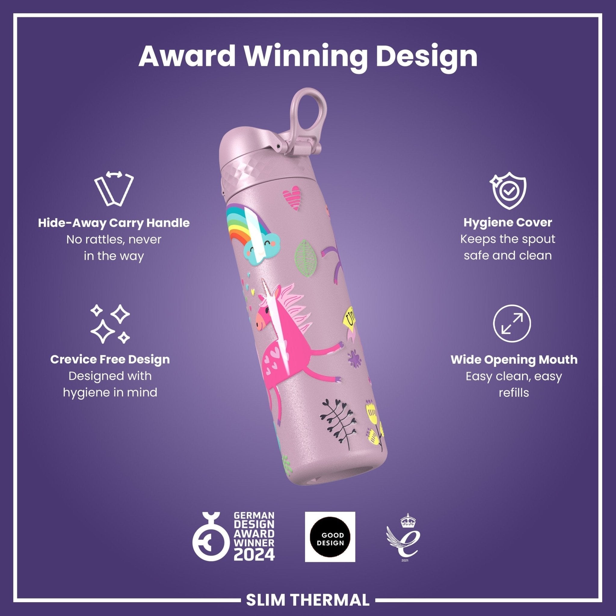 ION8 leak-proof slim thermal steel water bottle with unicorn design, insulated 500ml (17oz) water bottle for hot and cold drinks.