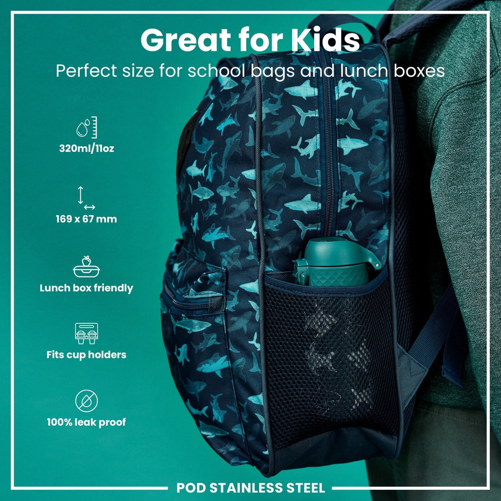 ION8 leak-proof thermal steel water bottle with shark design, insulated, 320ml capacity, ideal for hot and cold drinks.