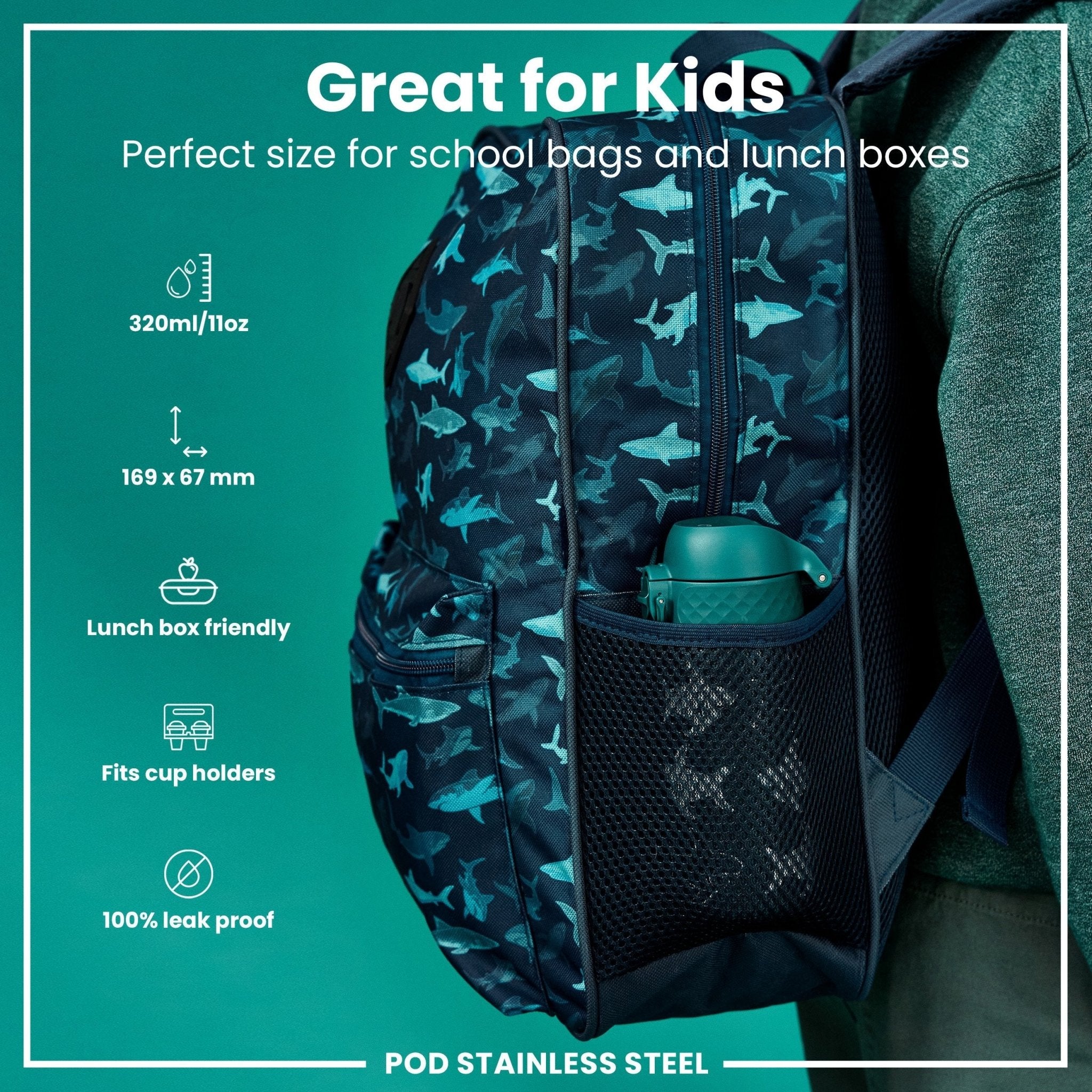 ION8 leak-proof thermal steel water bottle with shark design, insulated, 320ml capacity, ideal for hot and cold drinks.