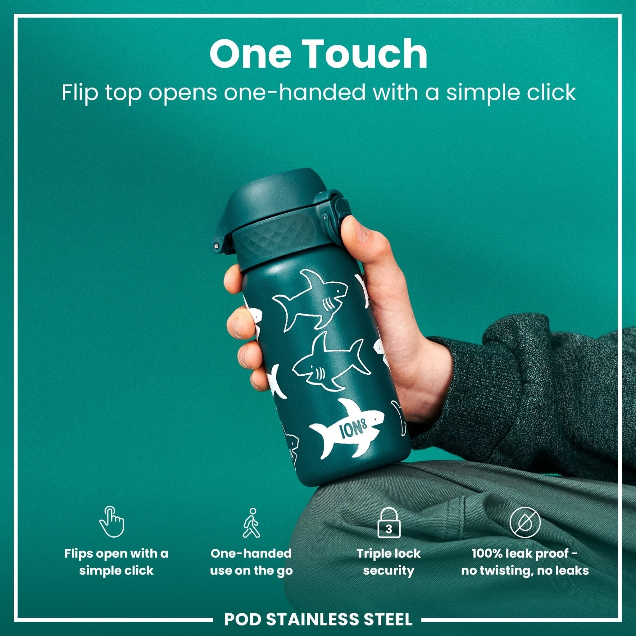 ION8 leak-proof thermal steel water bottle with shark design, insulated 320ml (11oz) for hot and cold beverages.