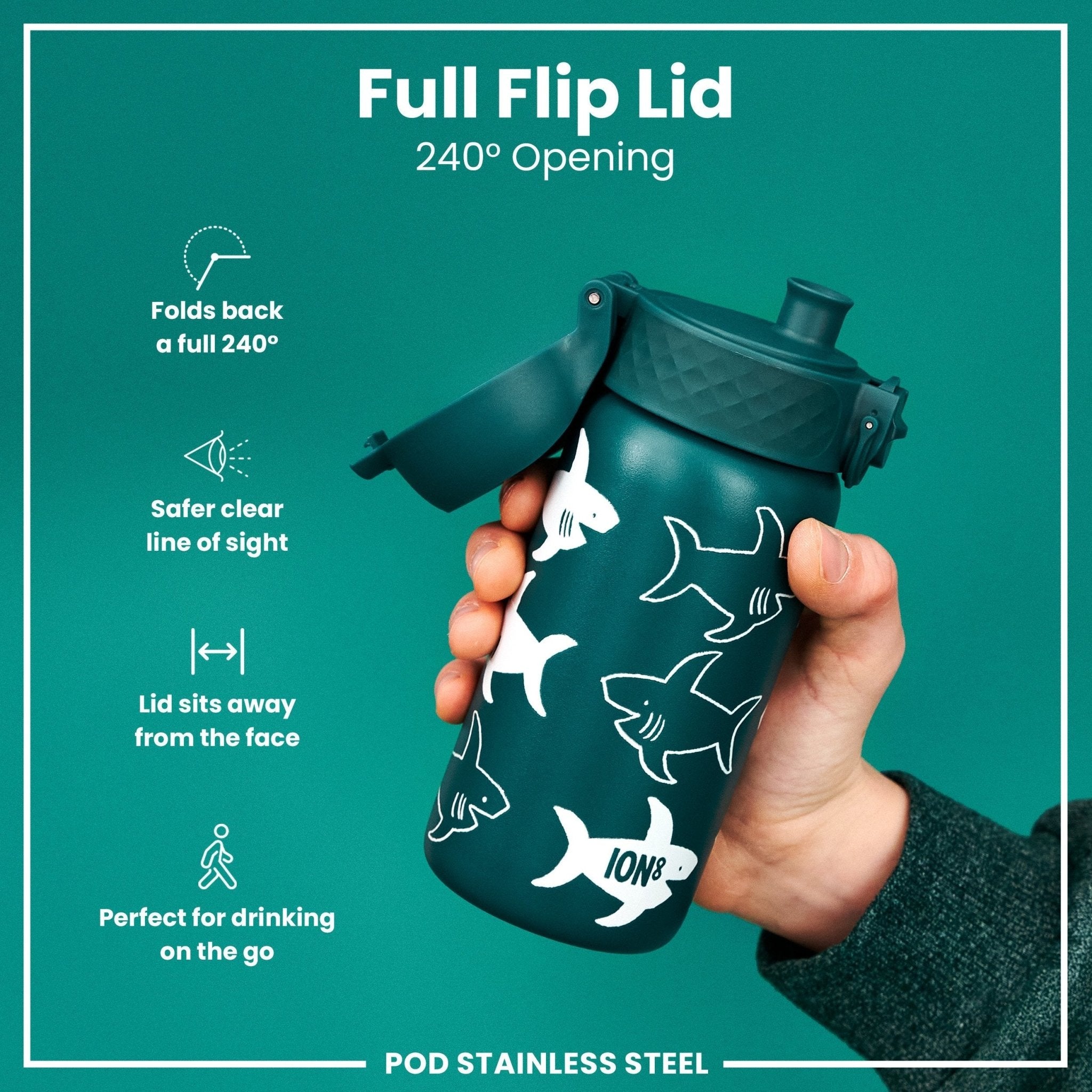 Ion8 leak-proof thermal steel water bottle with shark design, insulated 320ml (11oz) for hot and cold beverages.