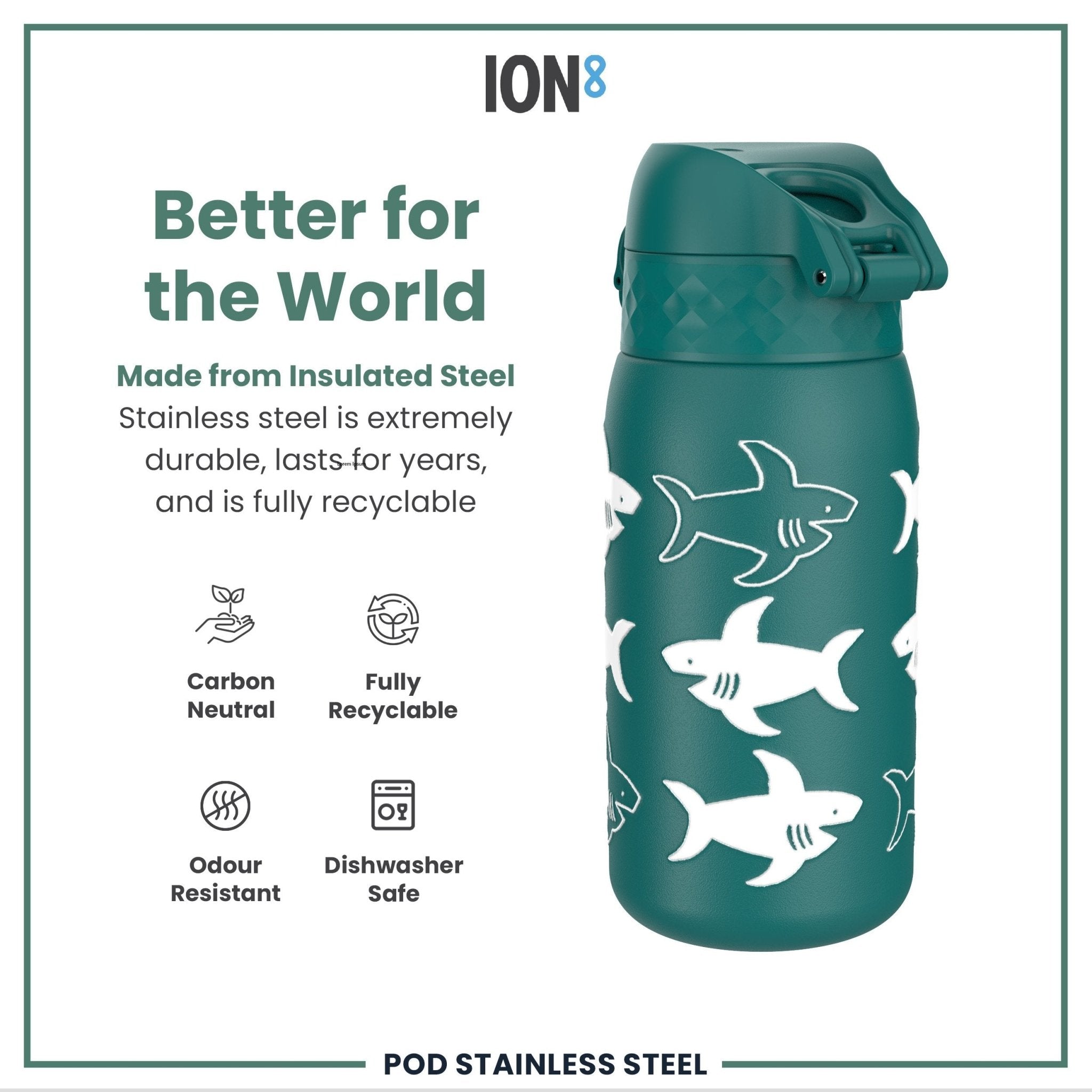 ION8 leak-proof thermal steel water bottle with shark design, insulated 320ml (11oz) for hot and cold beverages.