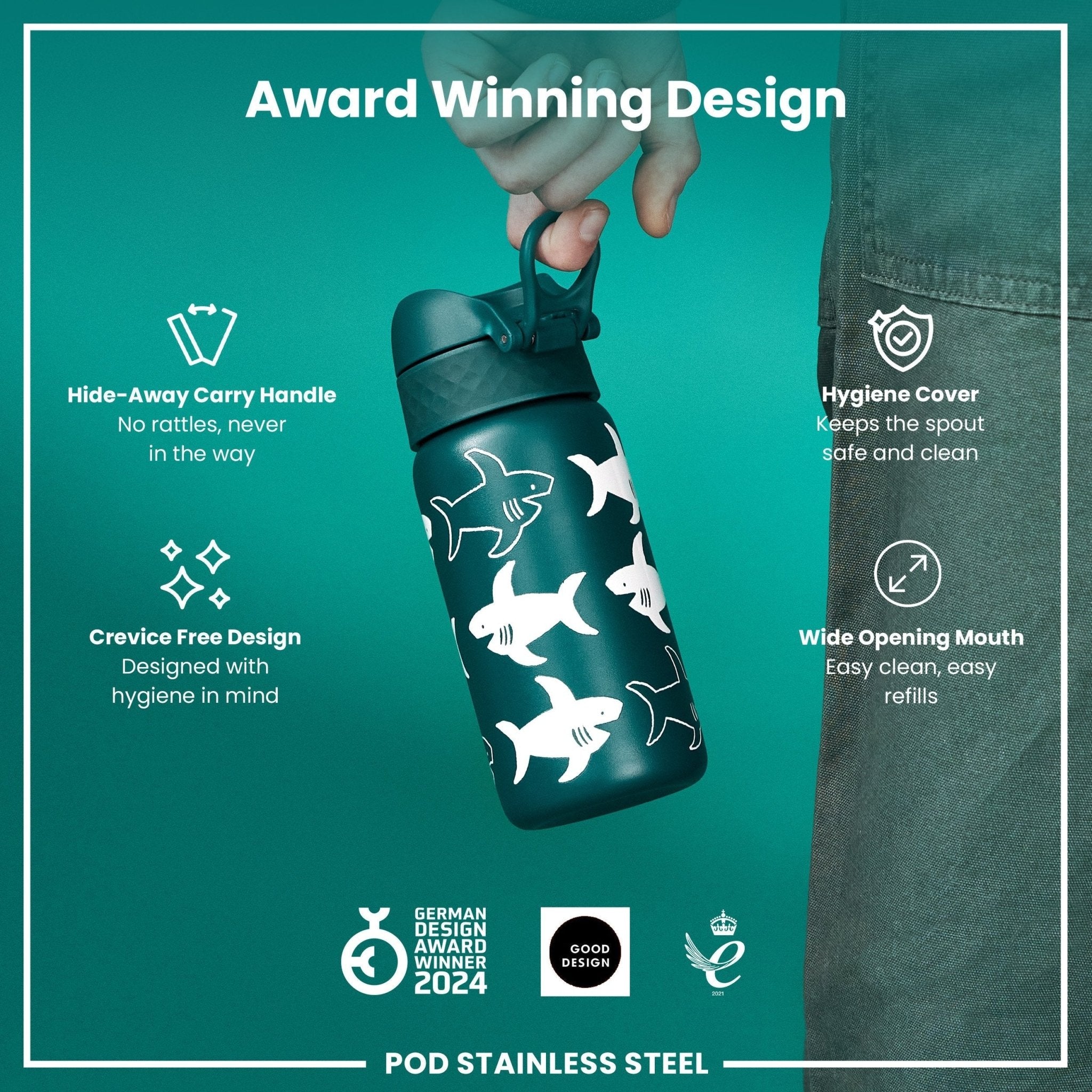 Insulated ION8 steel water bottle with shark design, leak-proof and thermal, 320ml capacity, perfect for staying hydrated on the go.
