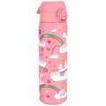 ION8 stainless steel leak-proof water bottle with unicorn rainbow design, 600ml capacity, slim and durable for everyday use.