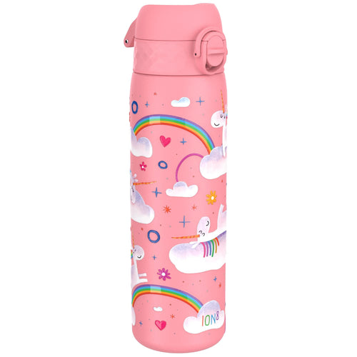 ION8 stainless steel leak-proof water bottle with unicorn rainbow design, 600ml capacity, slim and durable for everyday use.