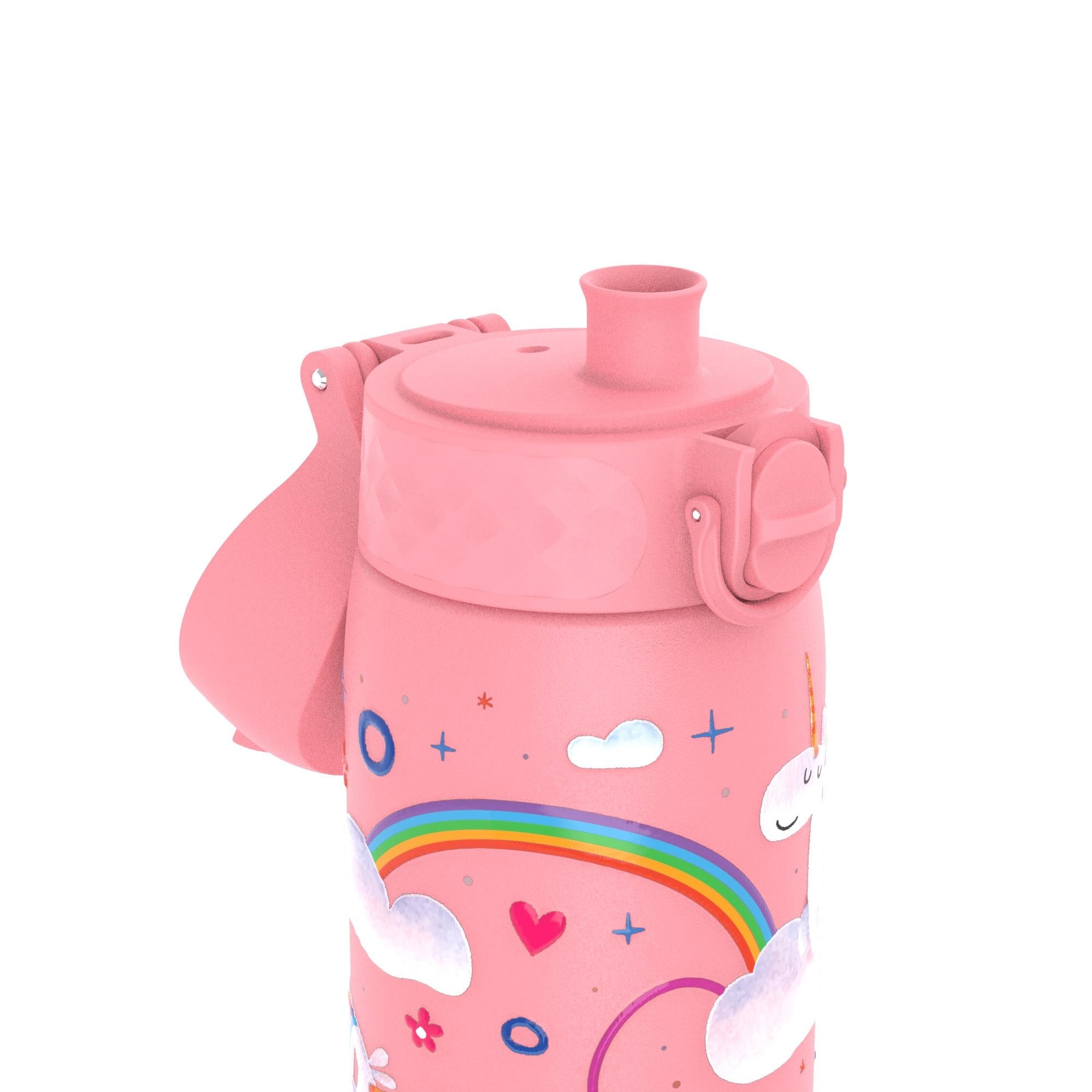ION8 stainless steel leak-proof slim water bottle with unicorn rainbow design, 600ml capacity, ideal for on-the-go hydration.