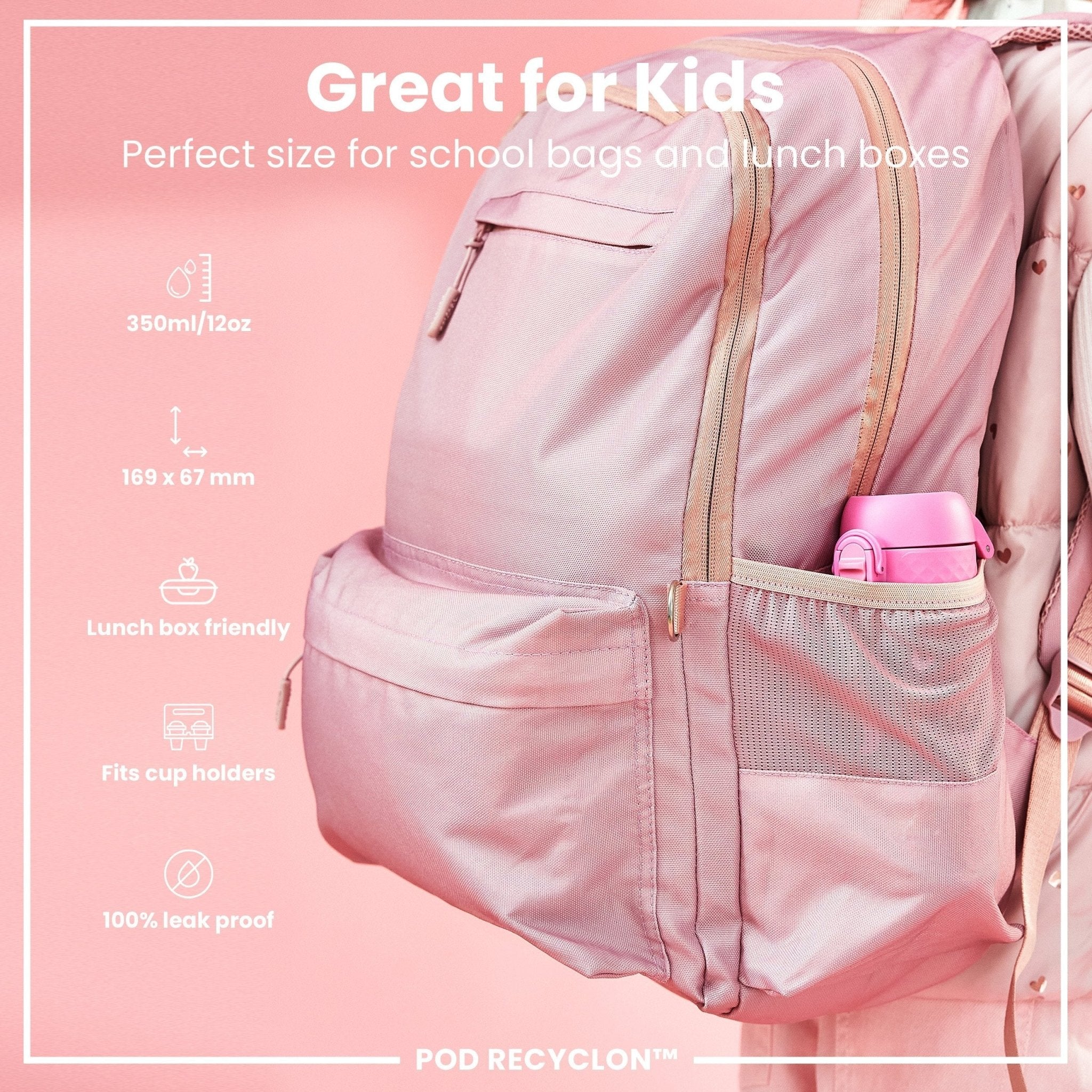 Ion8 leak-proof kids water bottle with ice cream design, 350ml Recyclon water bottle for children, vibrant and durable.