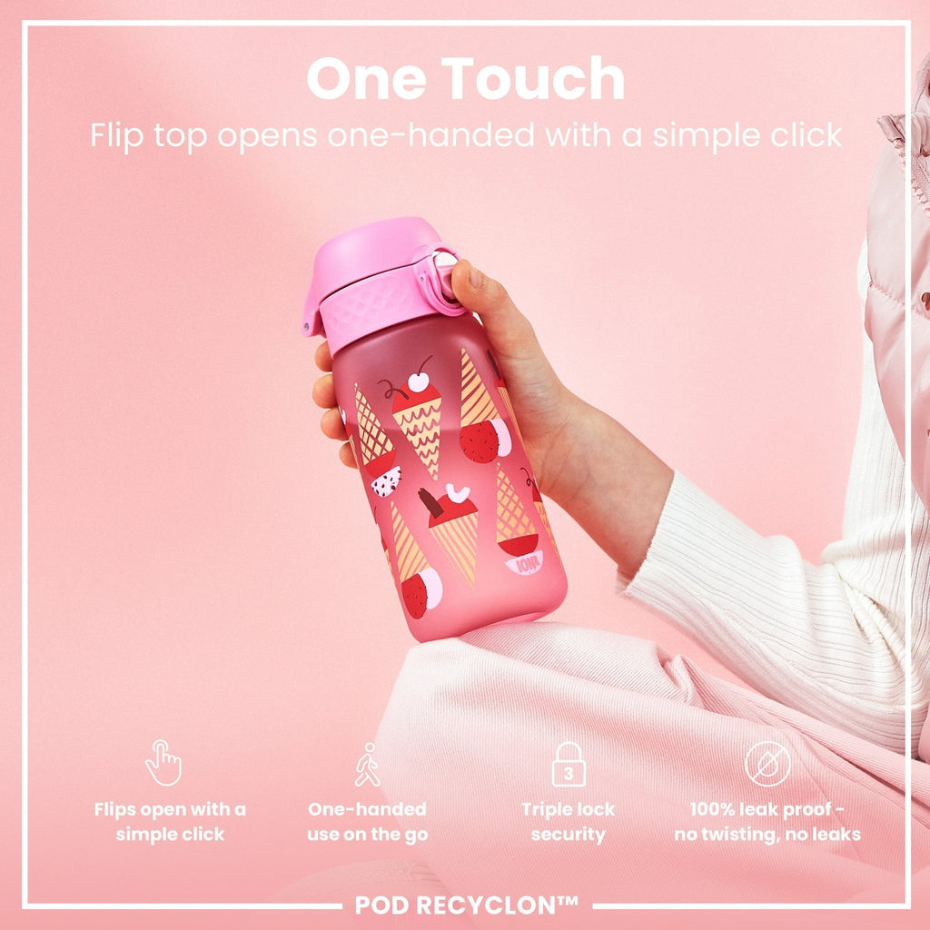 ION8 Leak Proof Kids Water Bottle with ice cream design, 350ml Recyclon reusable water bottle, durable and kid-friendly.