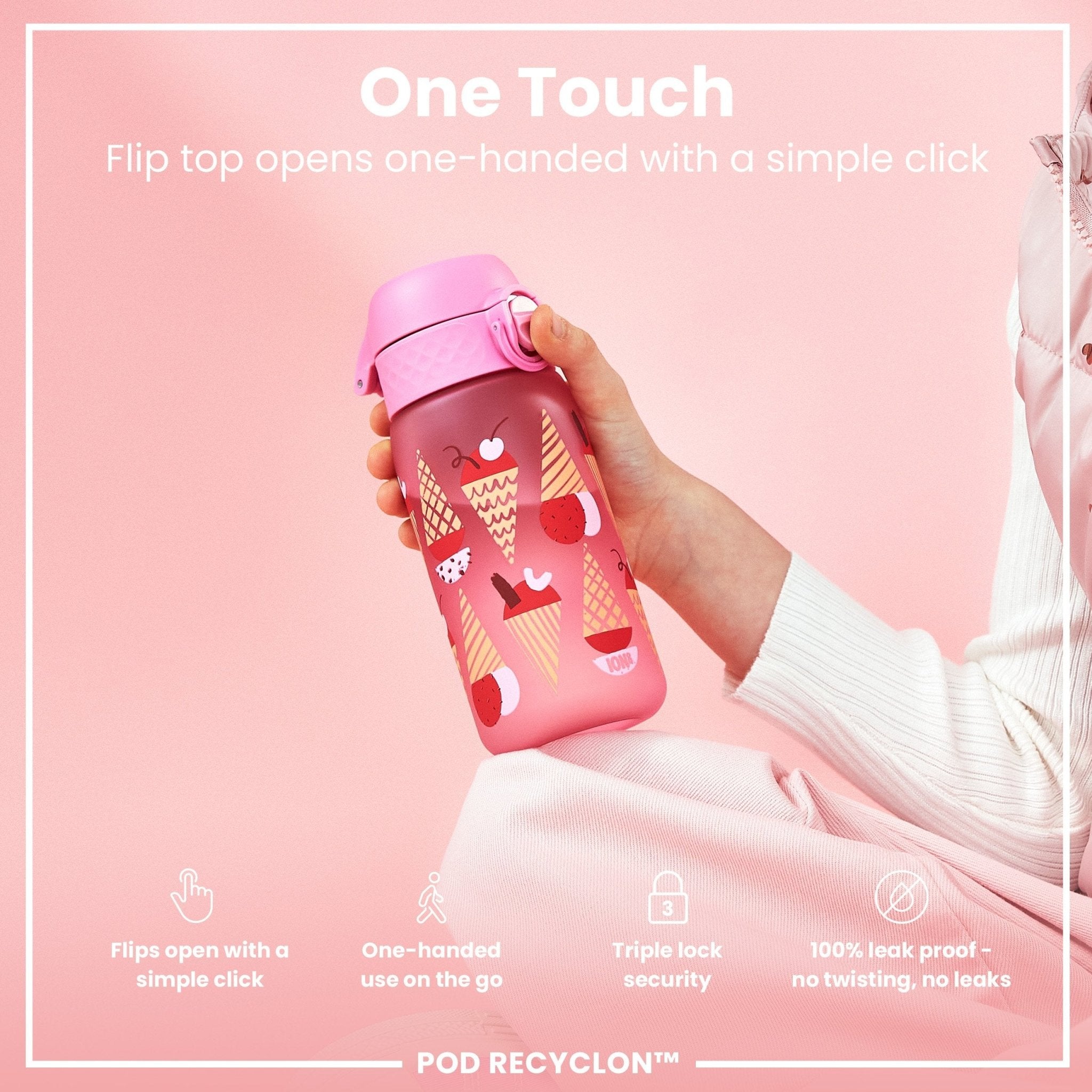 ION8 Leak Proof Kids Water Bottle with ice cream design, 350ml Recyclon reusable water bottle, durable and kid-friendly.