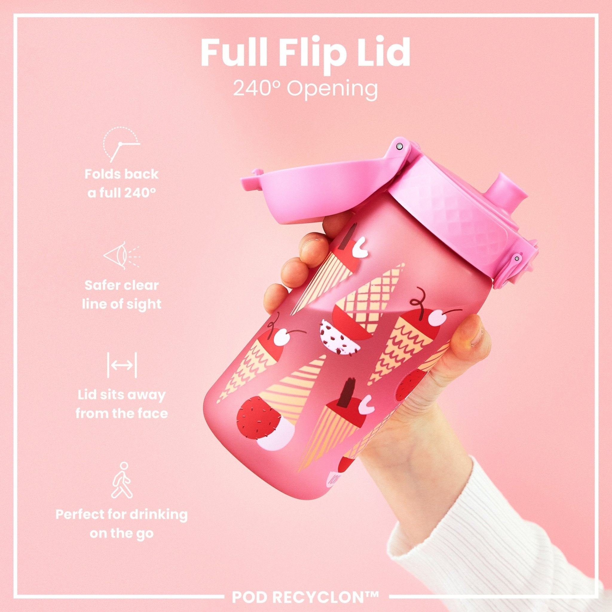 ION8 Recyclon leak-proof kids water bottle with ice cream design, 350ml capacity, featuring a colorful, child-friendly appearance.