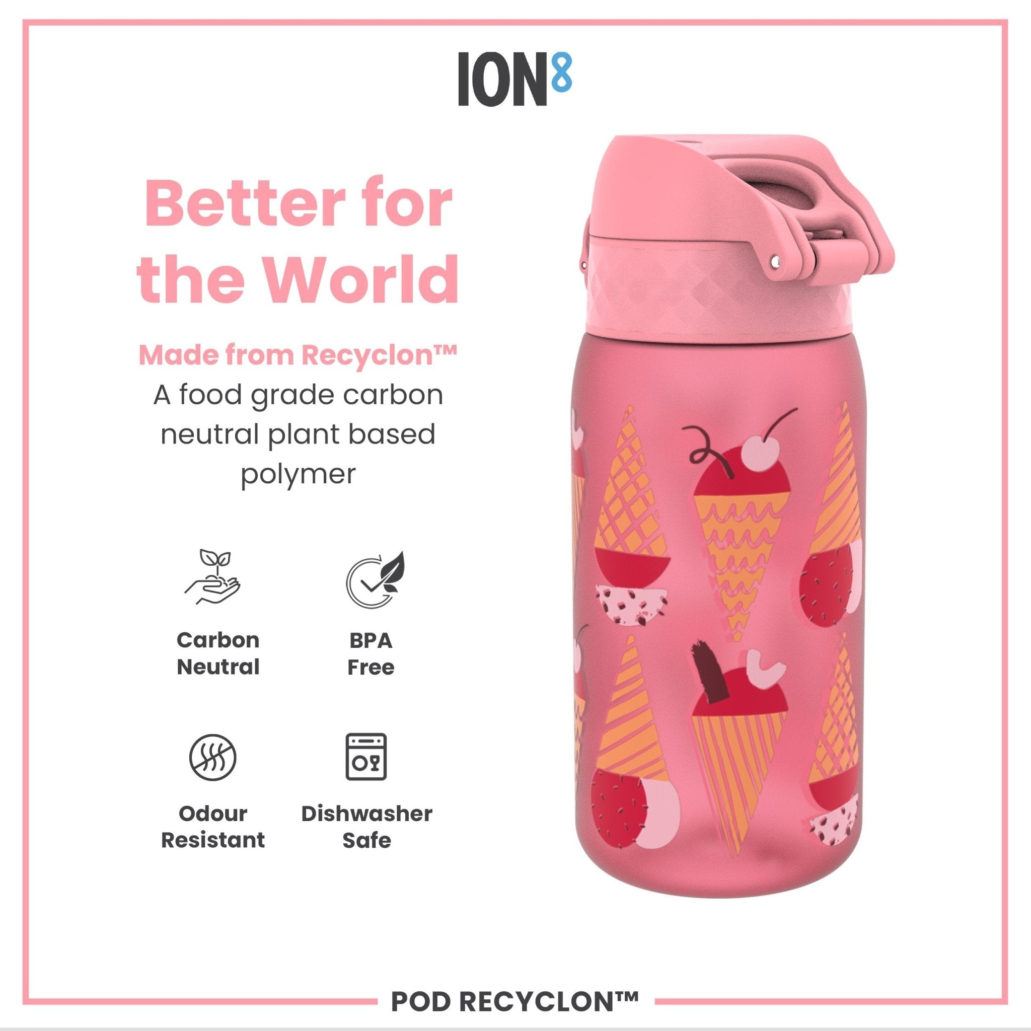 Ion8 leak-proof kids water bottle with ice cream design, 350ml (12oz) Recyclon reusable water bottle for children