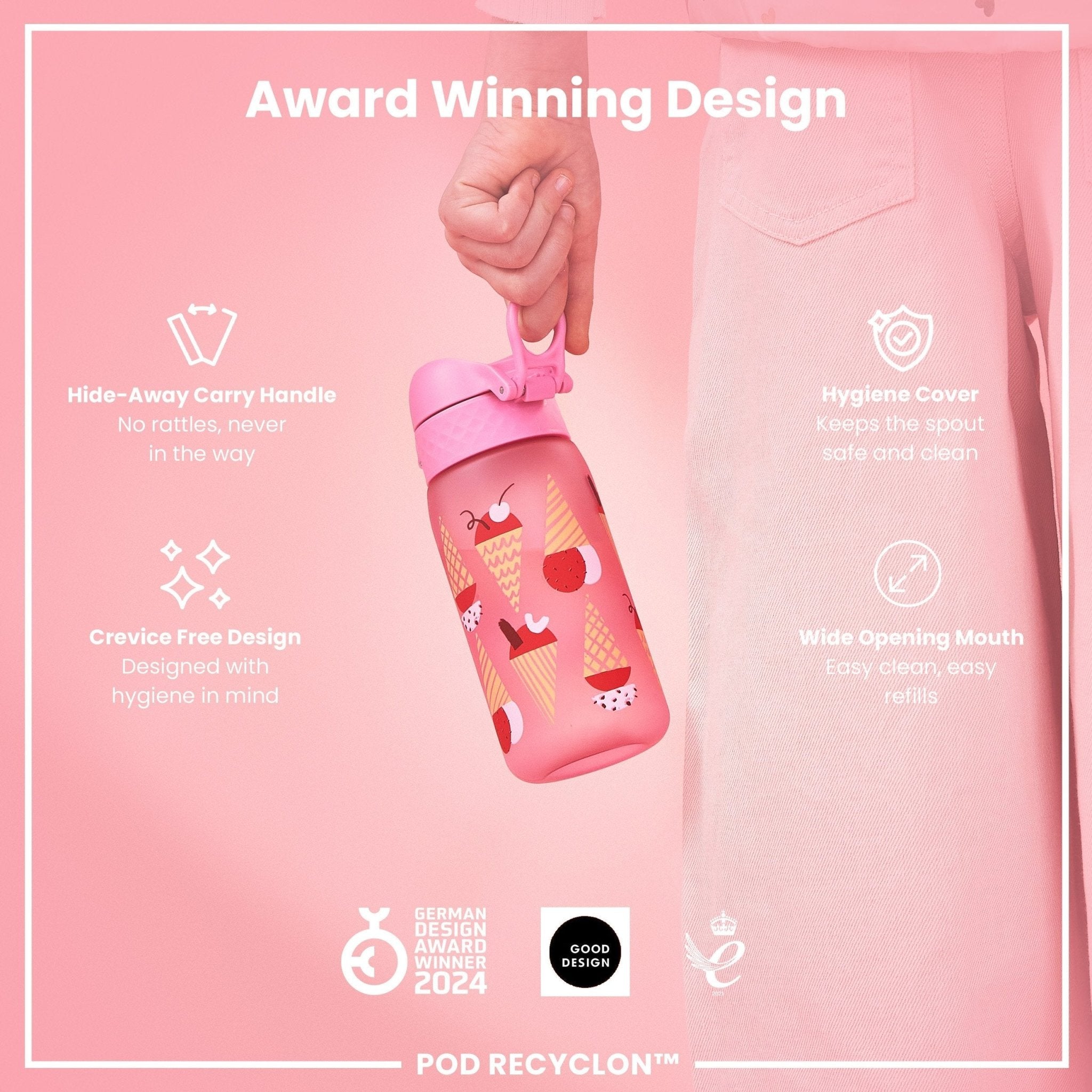ION8 Recyclon leak-proof kids water bottle with ice cream design, 350ml capacity, made of recyclable materials.